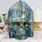 Large Natural Blue Onyx Carved Skull with Feather Headdress 19.5cm