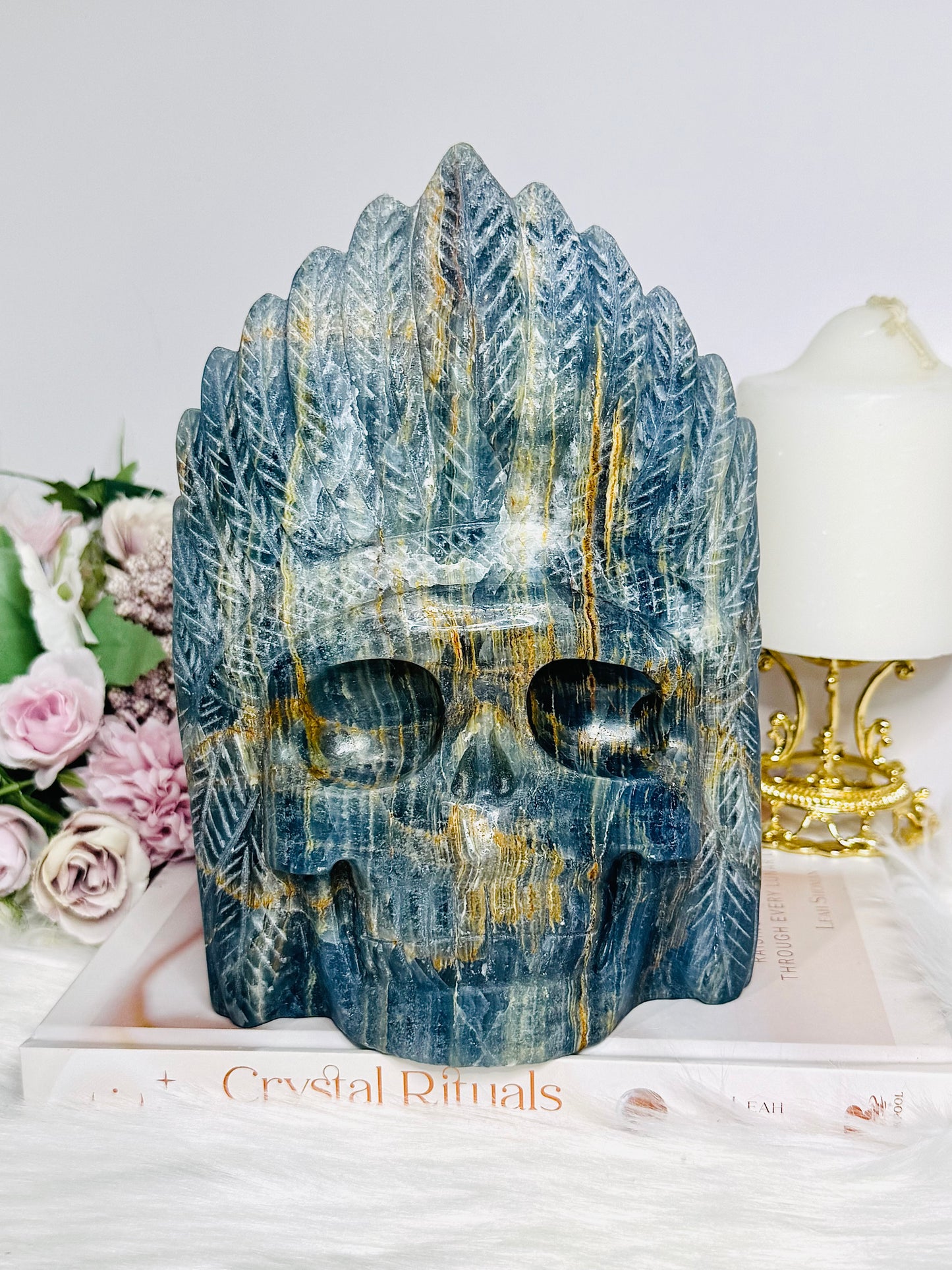 Large Natural Blue Onyx Carved Skull with Feather Headdress 19.5cm
