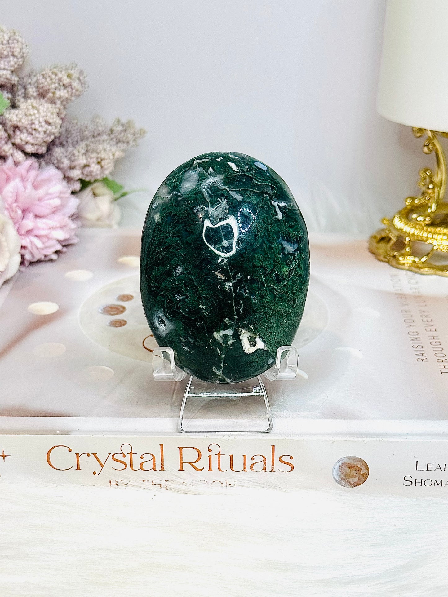 Large Moss Agate Palm Stone (stand is display only)