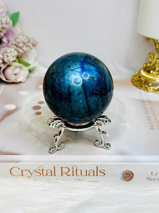 Large Blue Flash Labradorite Sphere On Stand 277g