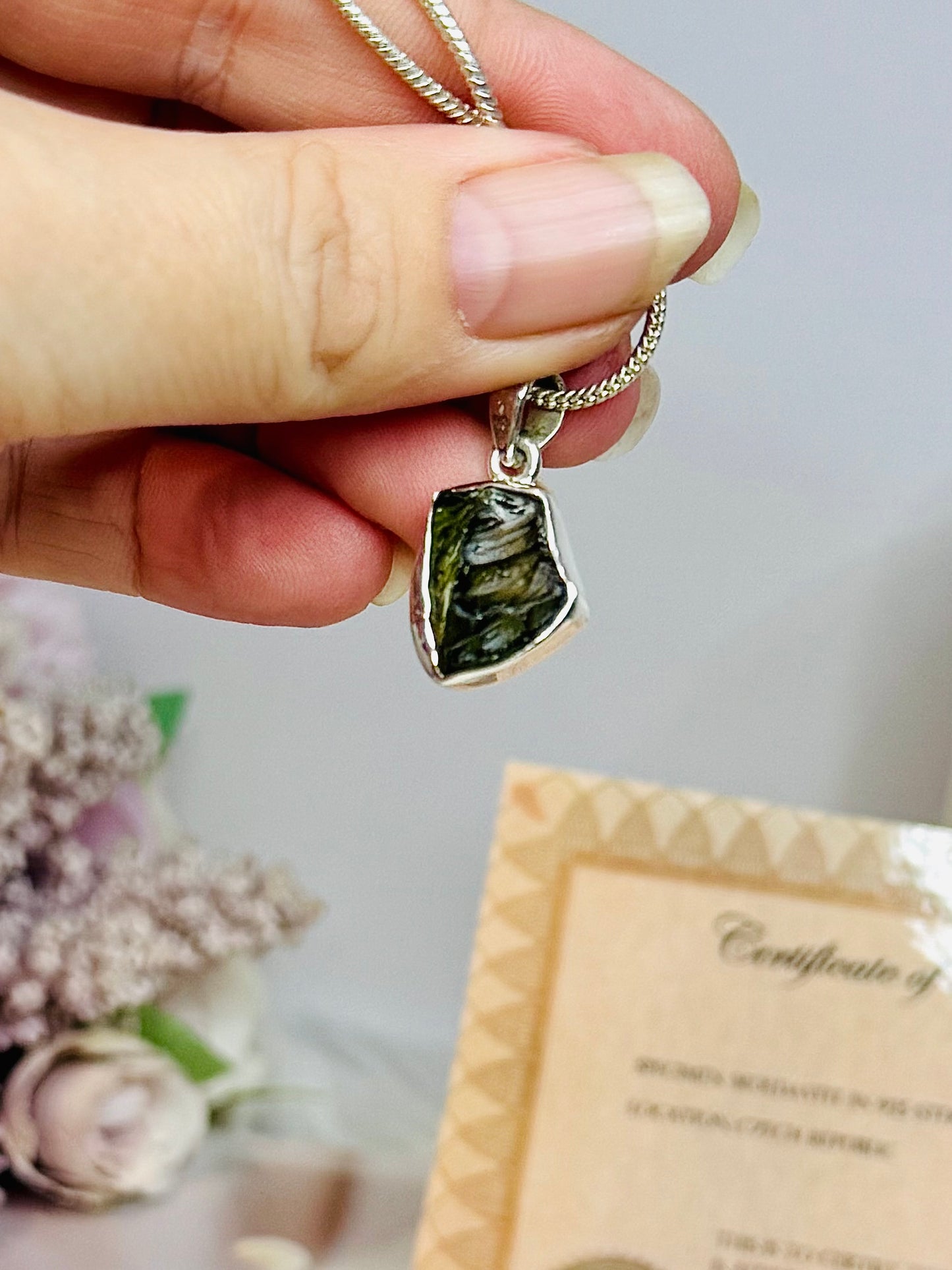Rare Moldavite Tektite Sterling Silver Pendant & Chain with Certification of Authenticity