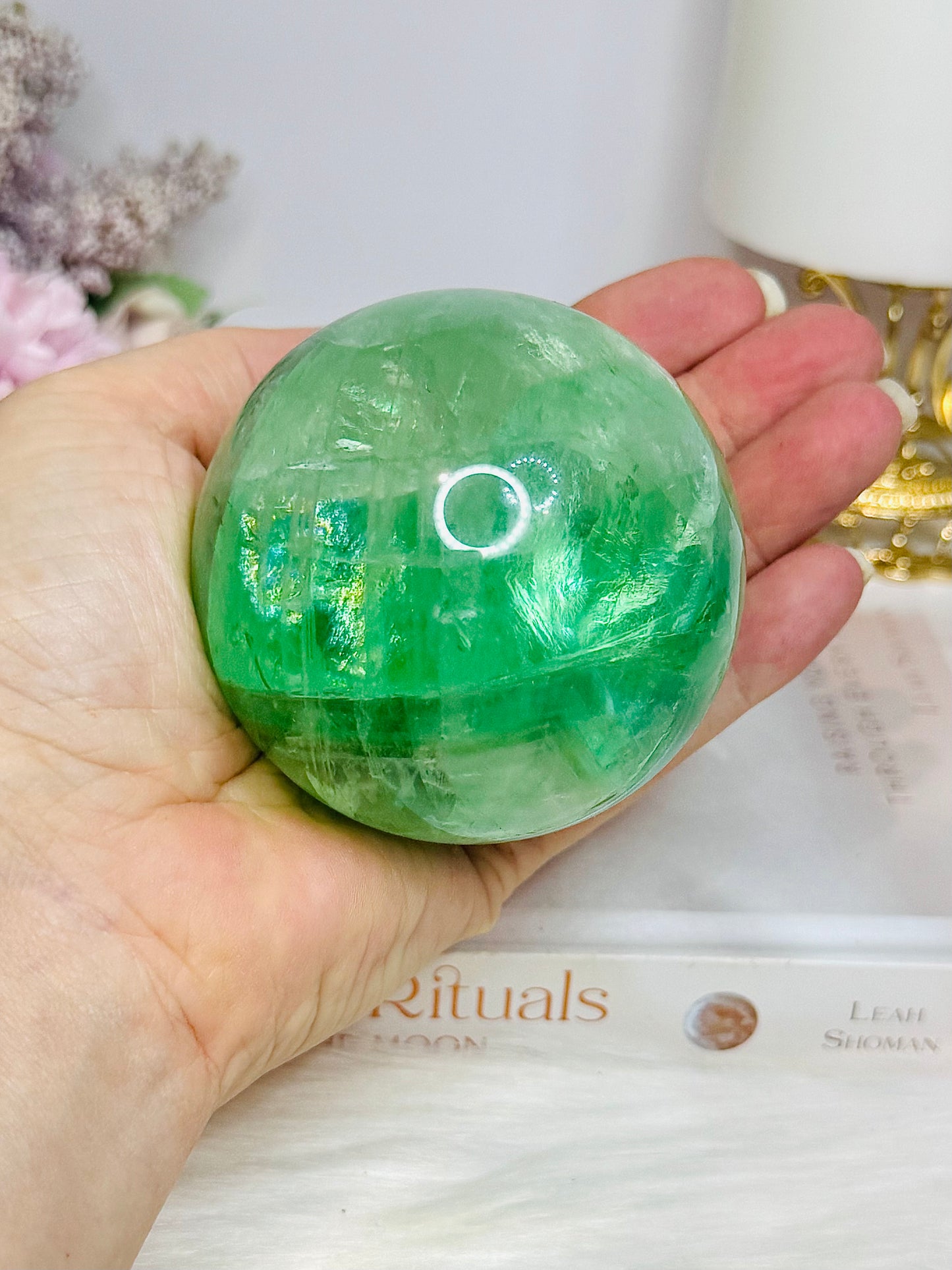 Large Green Fluorite Sphere Full of Rainbows 557g