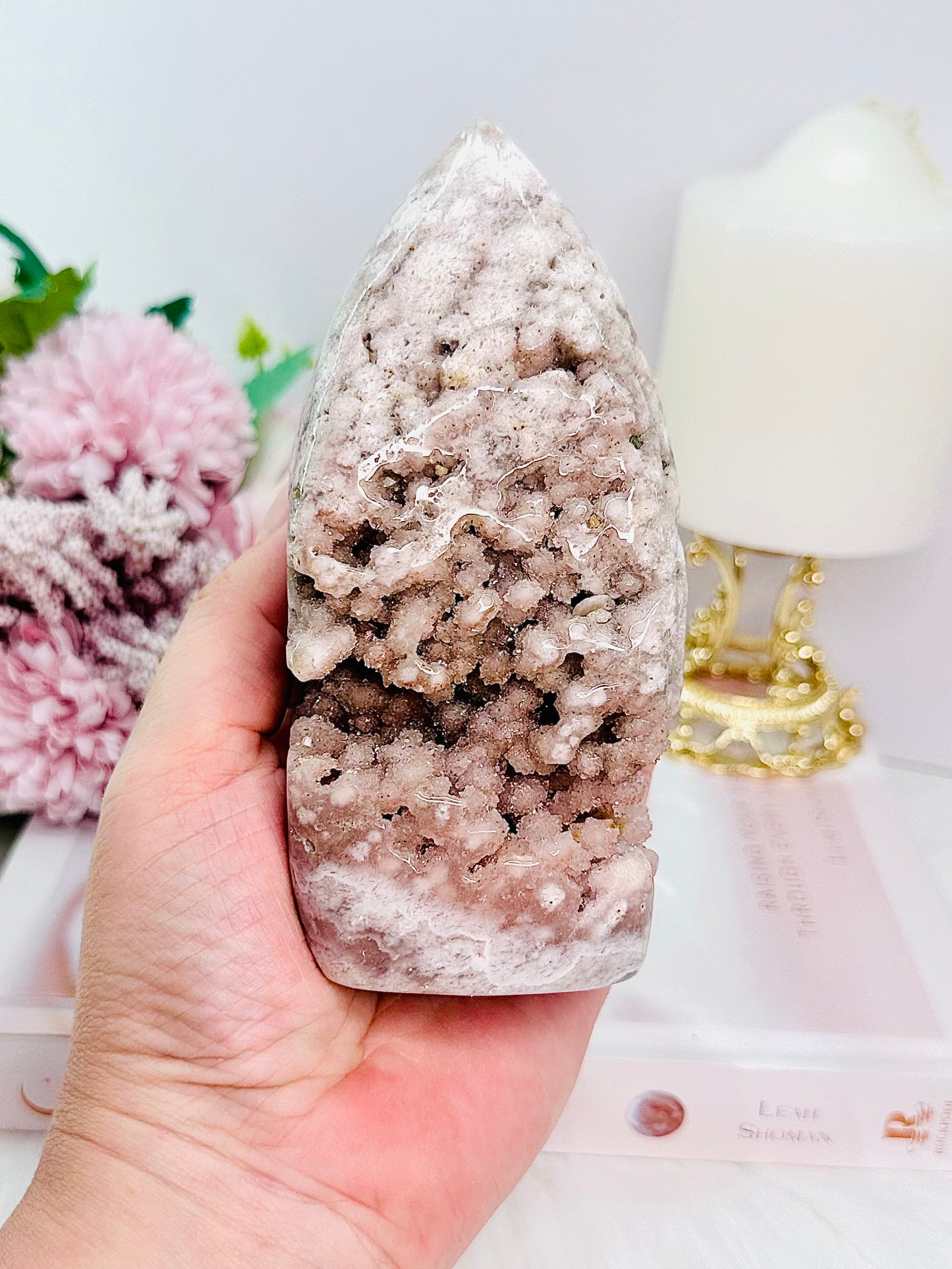 Classy & Fabulous Rare Combination Of Pink Amethyst & Flower Agate Large Druzy Freeform From Brazil 13.5cm 458grams