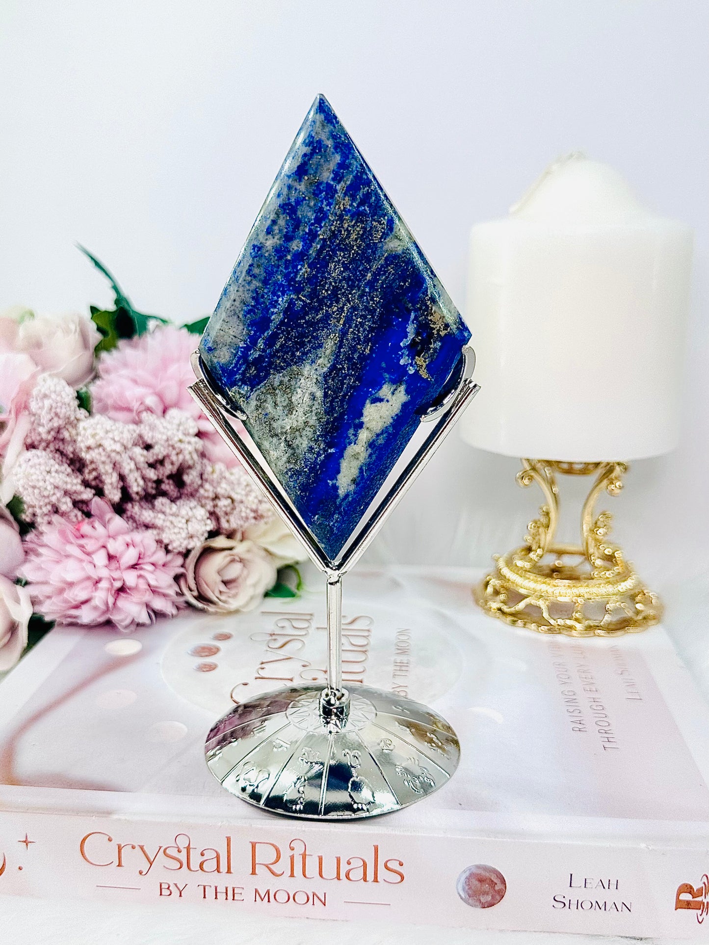 Stunning Lapis Lazuli Carved Diamond On Silver Stand 16.5cm Tall