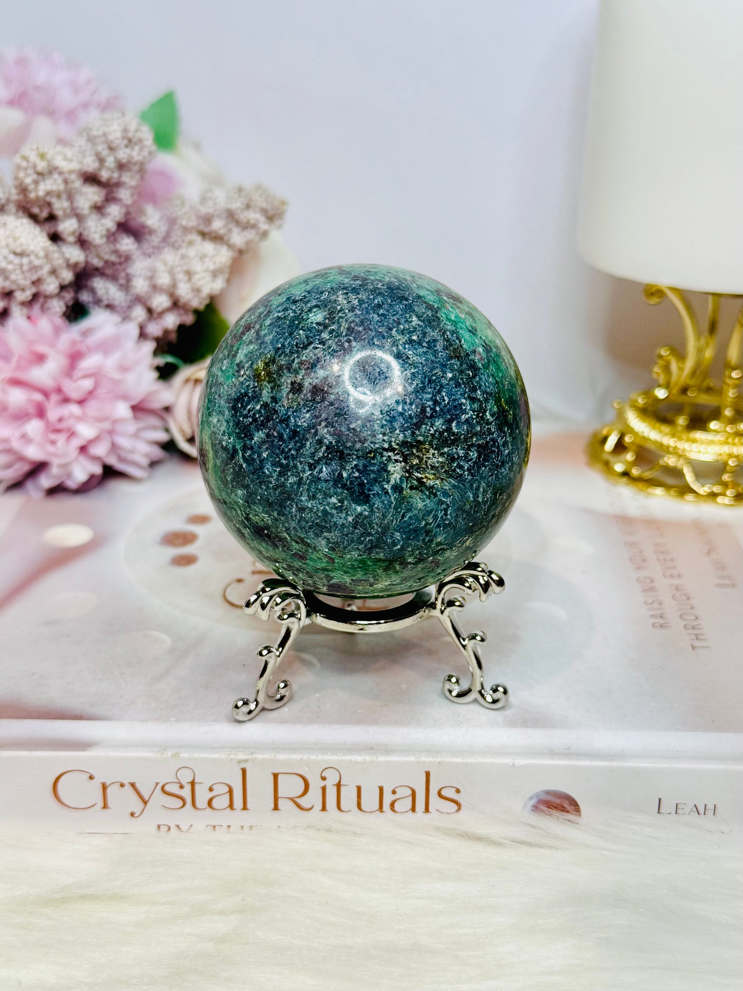 Large Ruby Fuchsite Sphere on Stand UV Reactive 422g