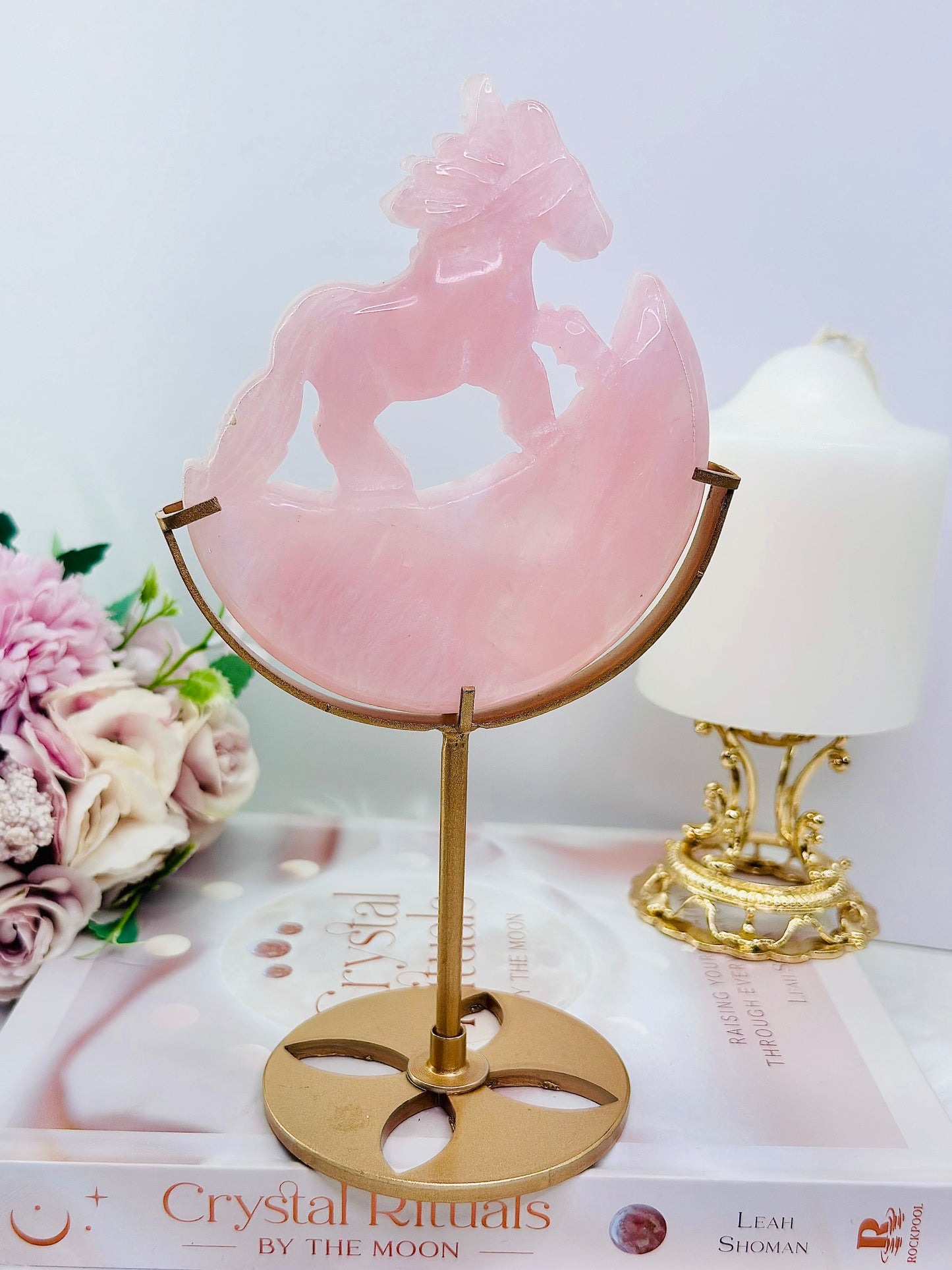 Gorgeous Rose Quartz Carved Rocking Horse On Gold Stand Tall 21cm