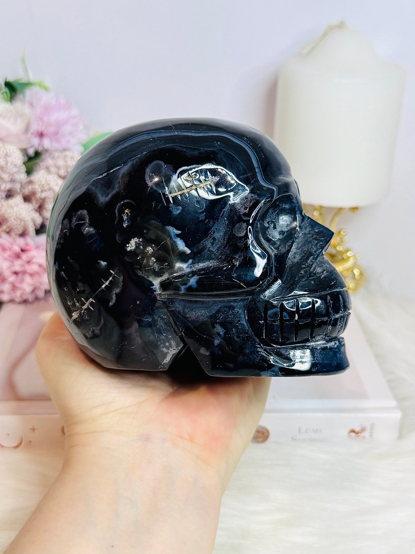 Huge Black Agate Carved Skull 11.5cm 1.24KG