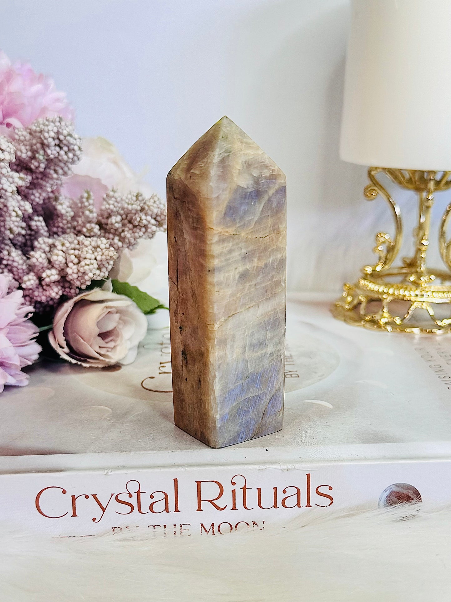 Chunky 9cm Moonstone Tower with Blue Flash