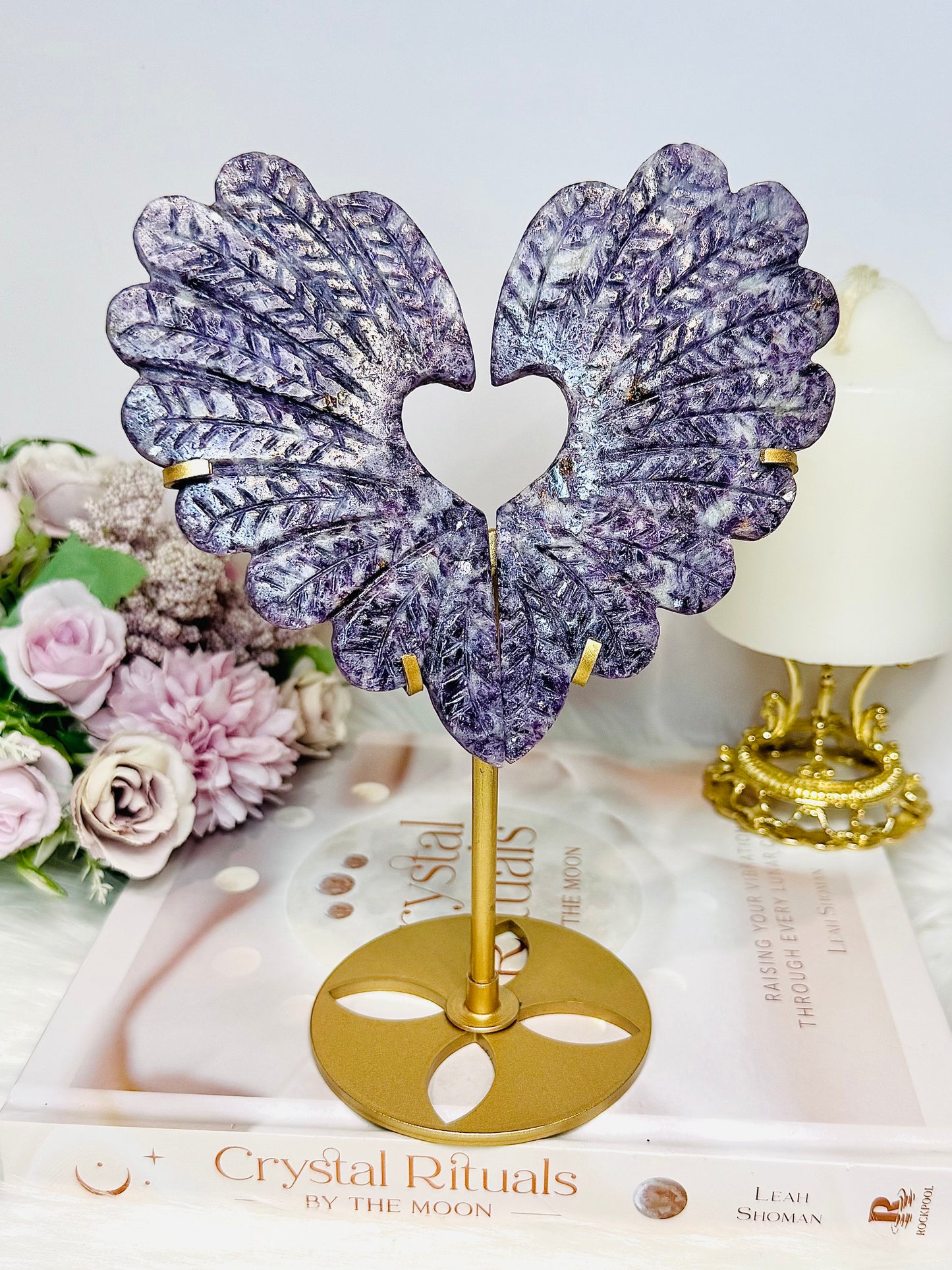 Large Lepidolite Feather Style Heart On Stand 20.5cm
