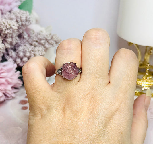 Purple Fluorite Rose Carved Adjustable Ring in Gift Bag