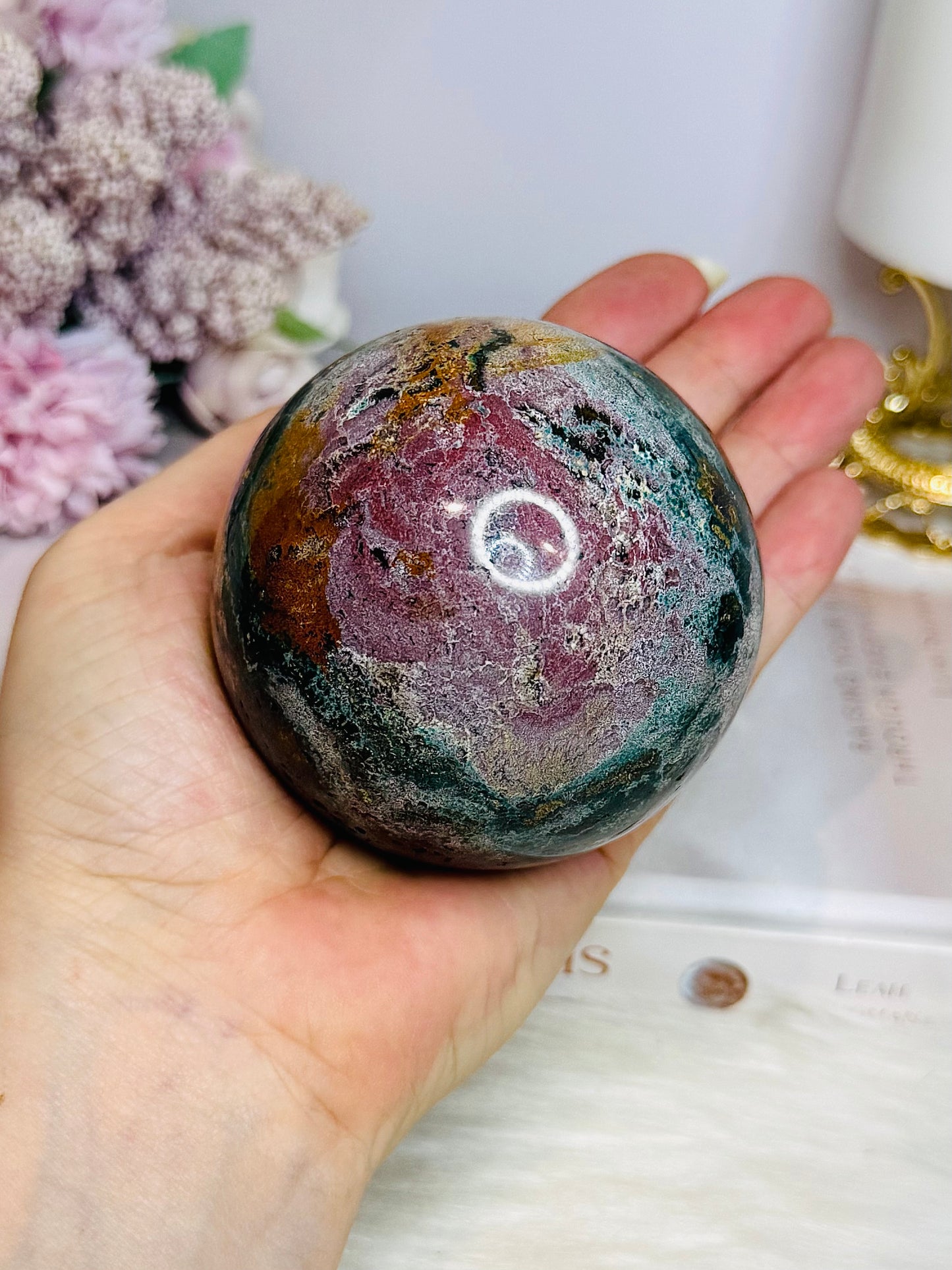 Large Ocean Jasper Sphere On Stand 516g