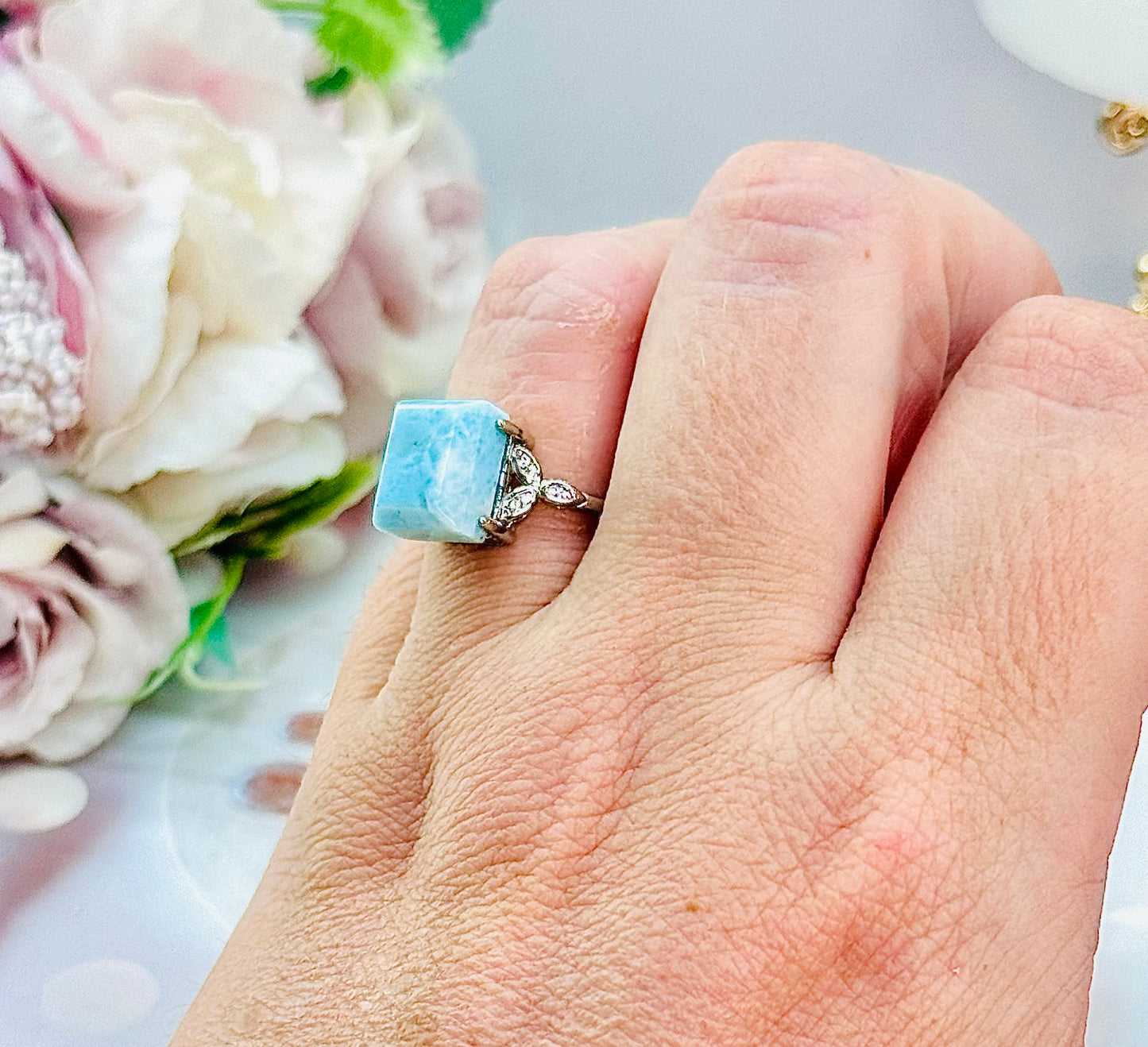 Enlighten & Heal ~ Stunning Silver Plated Adjustable Larimar Ring In Organza Bag