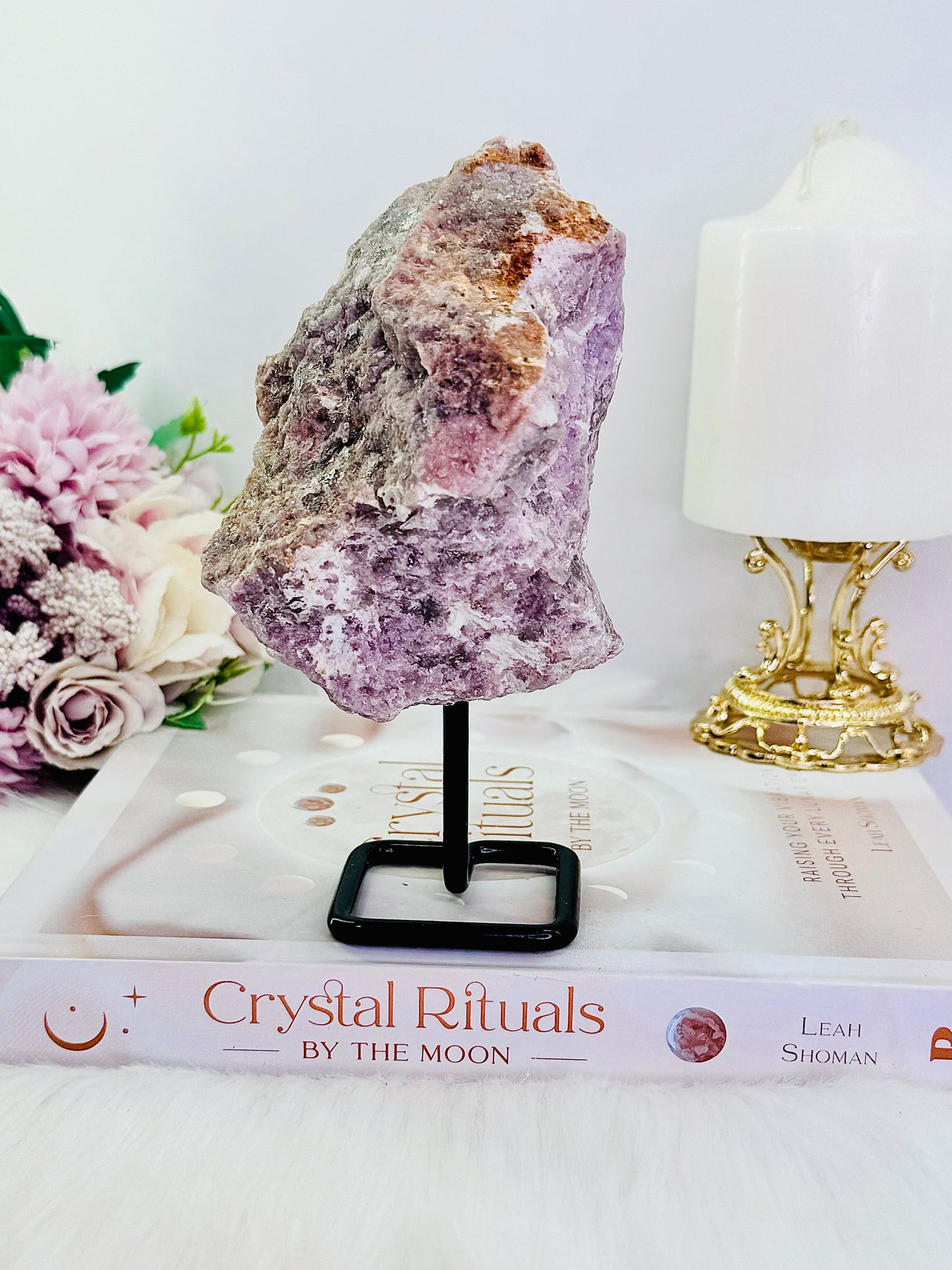 Stabilise Emotions ~ Gorgeous Large Raw Natural Lepidolite Crystal 587grams On Stand From Brazil