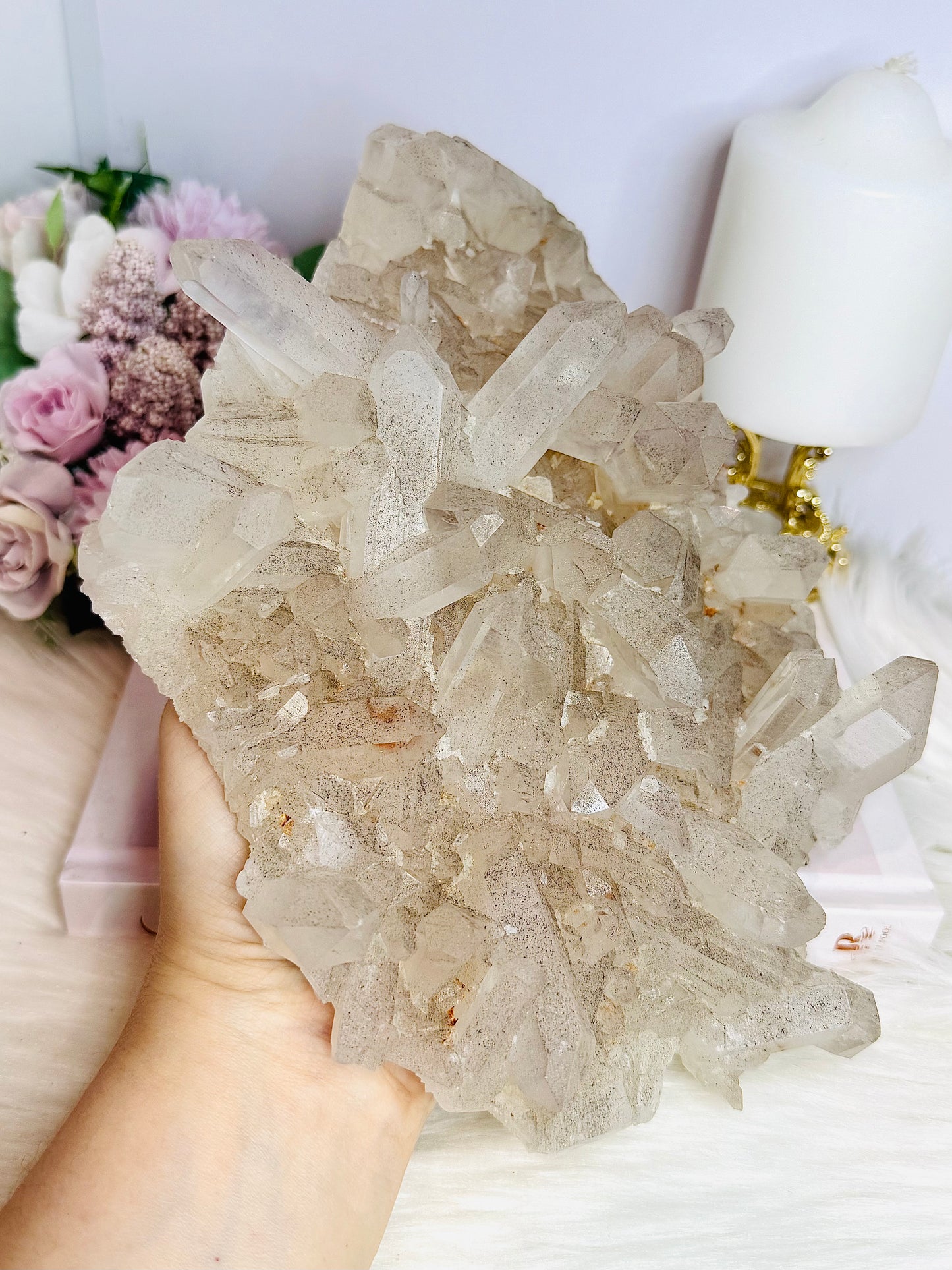 Huge Quartz  Cluster Specimen with Goethite Inclusions (black specks) 25cm 1.45KG