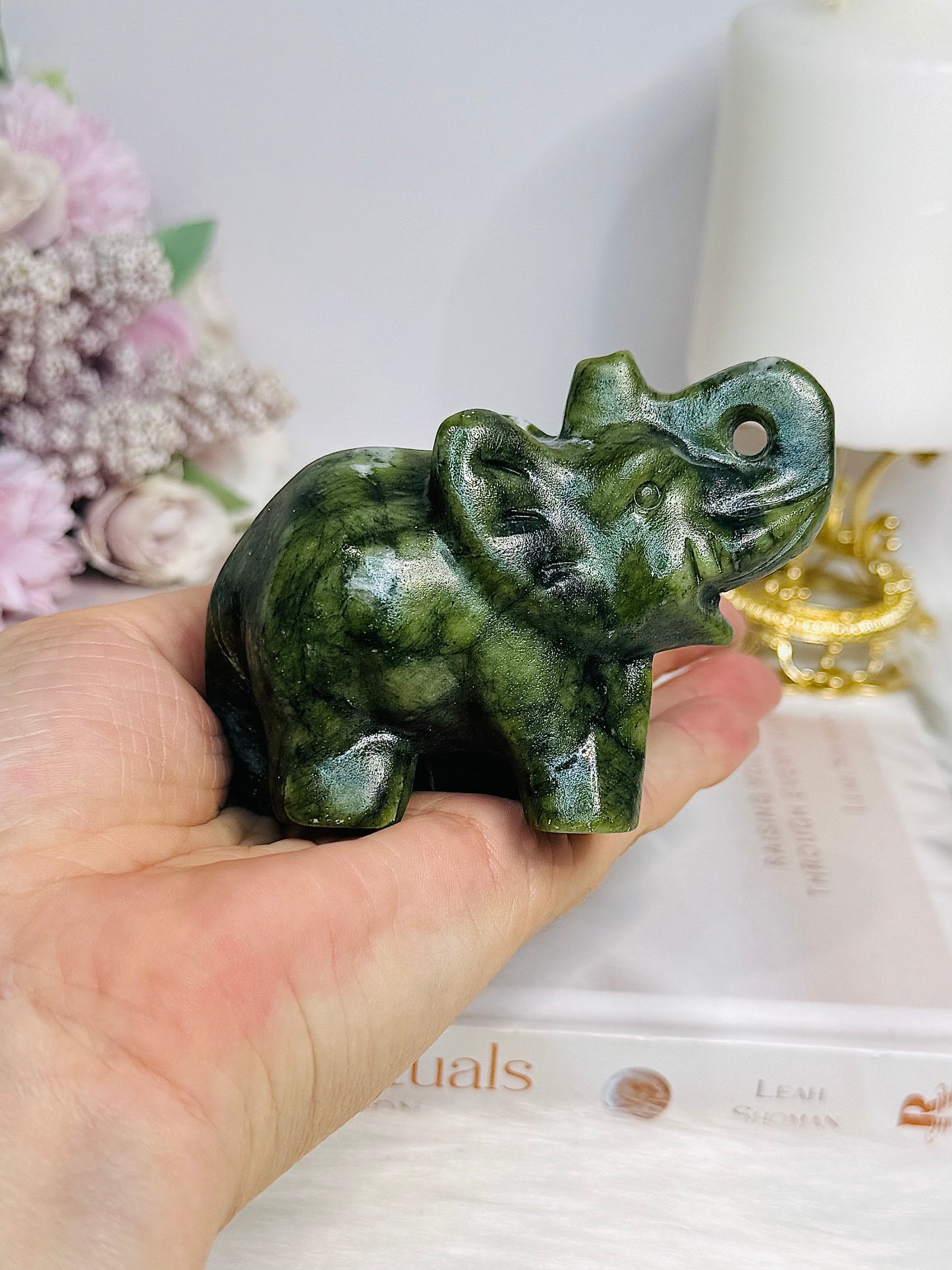 Green Jade Carved Elephant 8.5cm