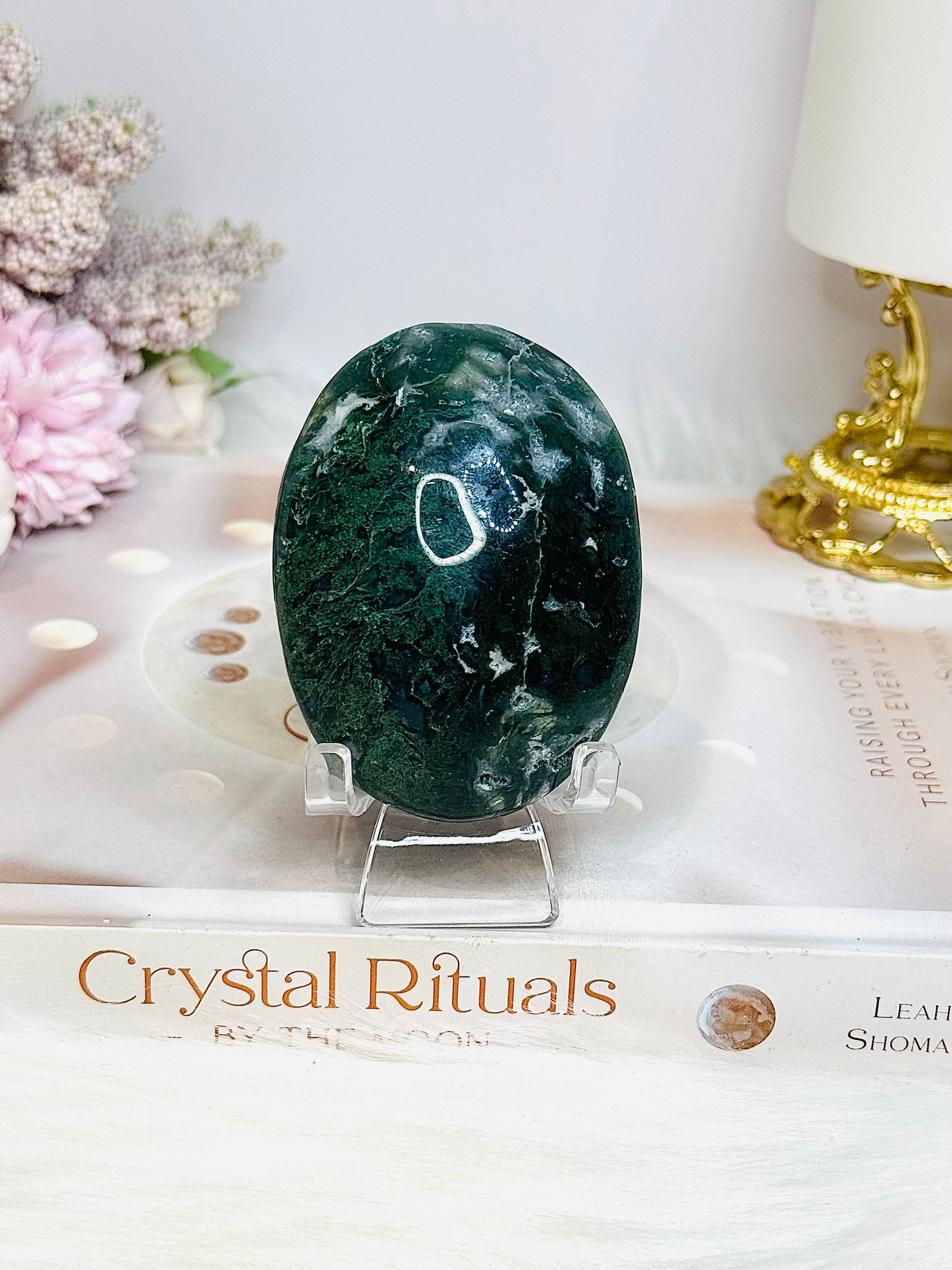 Large Moss Agate Palm Stone (stand is display only)