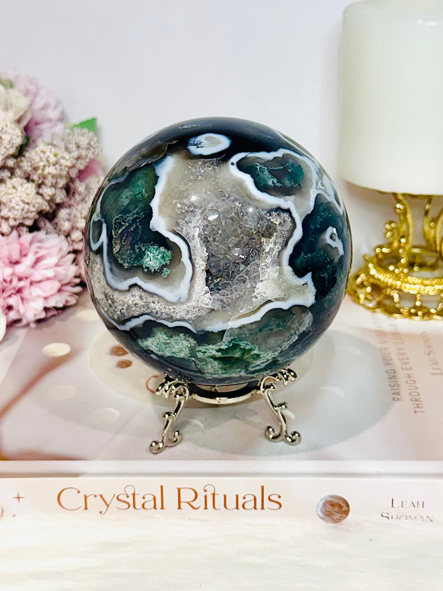 High Grade Druzy Moss Agate Sphere on Stand 1.09KG