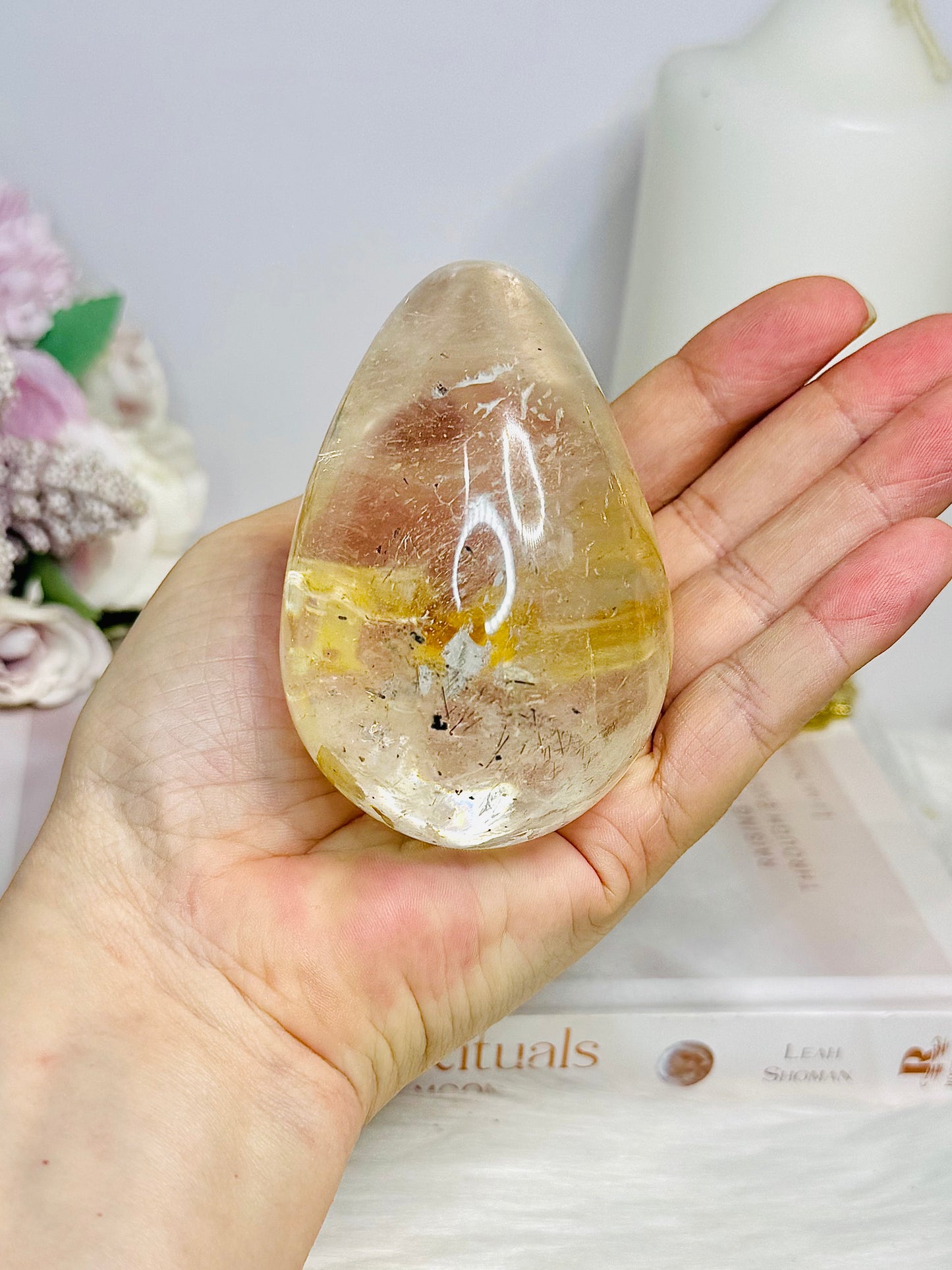 Large Clear Quartz With Golden Healer Inclusions Egg On Stand 7cm 318g