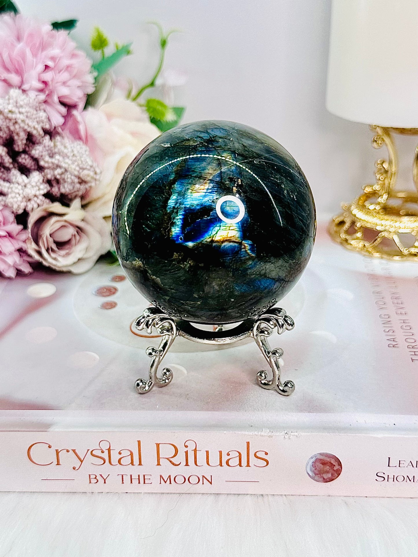 Gorgeous Large 406gram Labradorite Sphere On Stand with Beautiful Flash