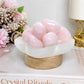 Selenite Bowl With Rose Quartz Tumble Stones on Small LED Light Base