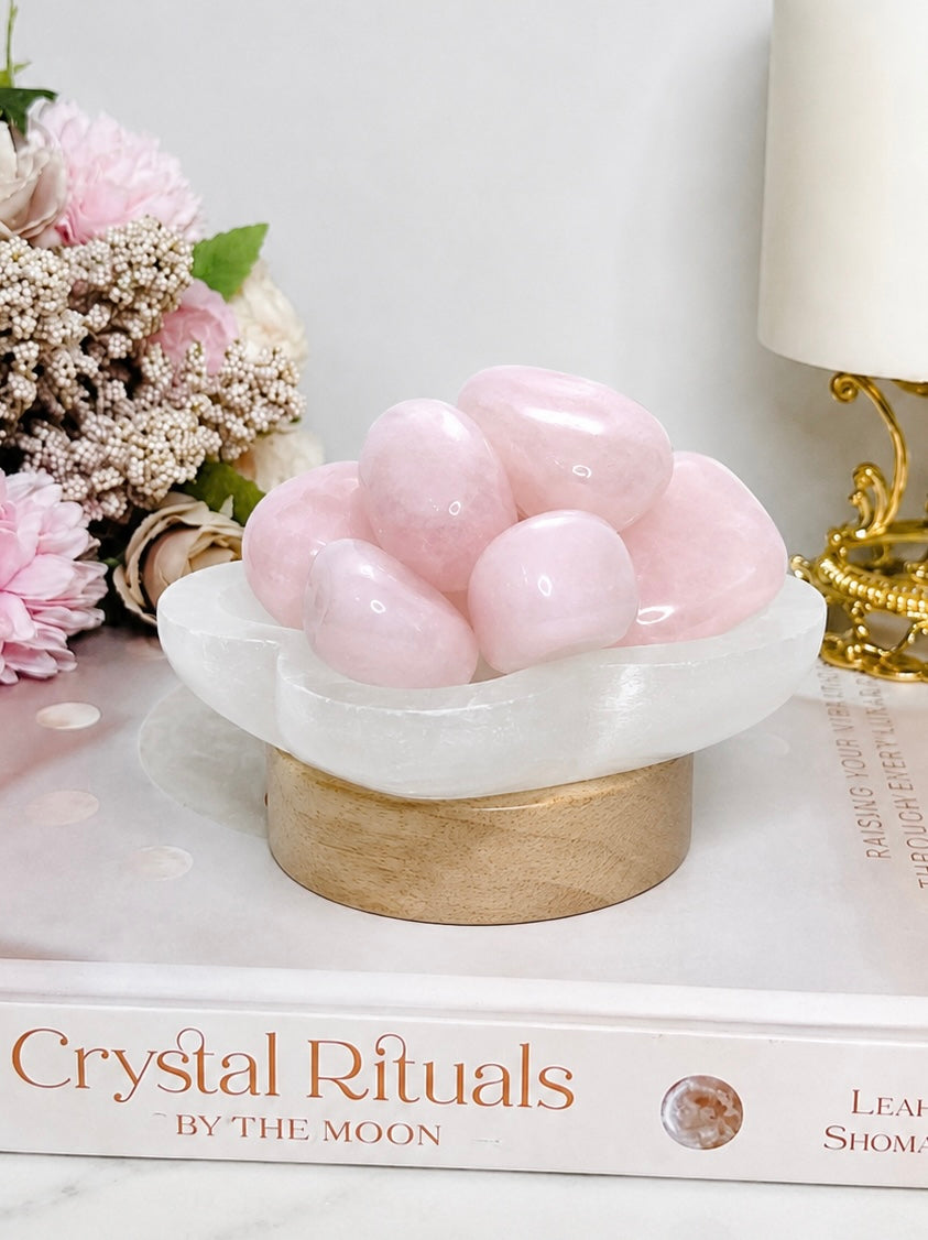 Selenite Bowl With Rose Quartz Tumble Stones on Small LED Light Base