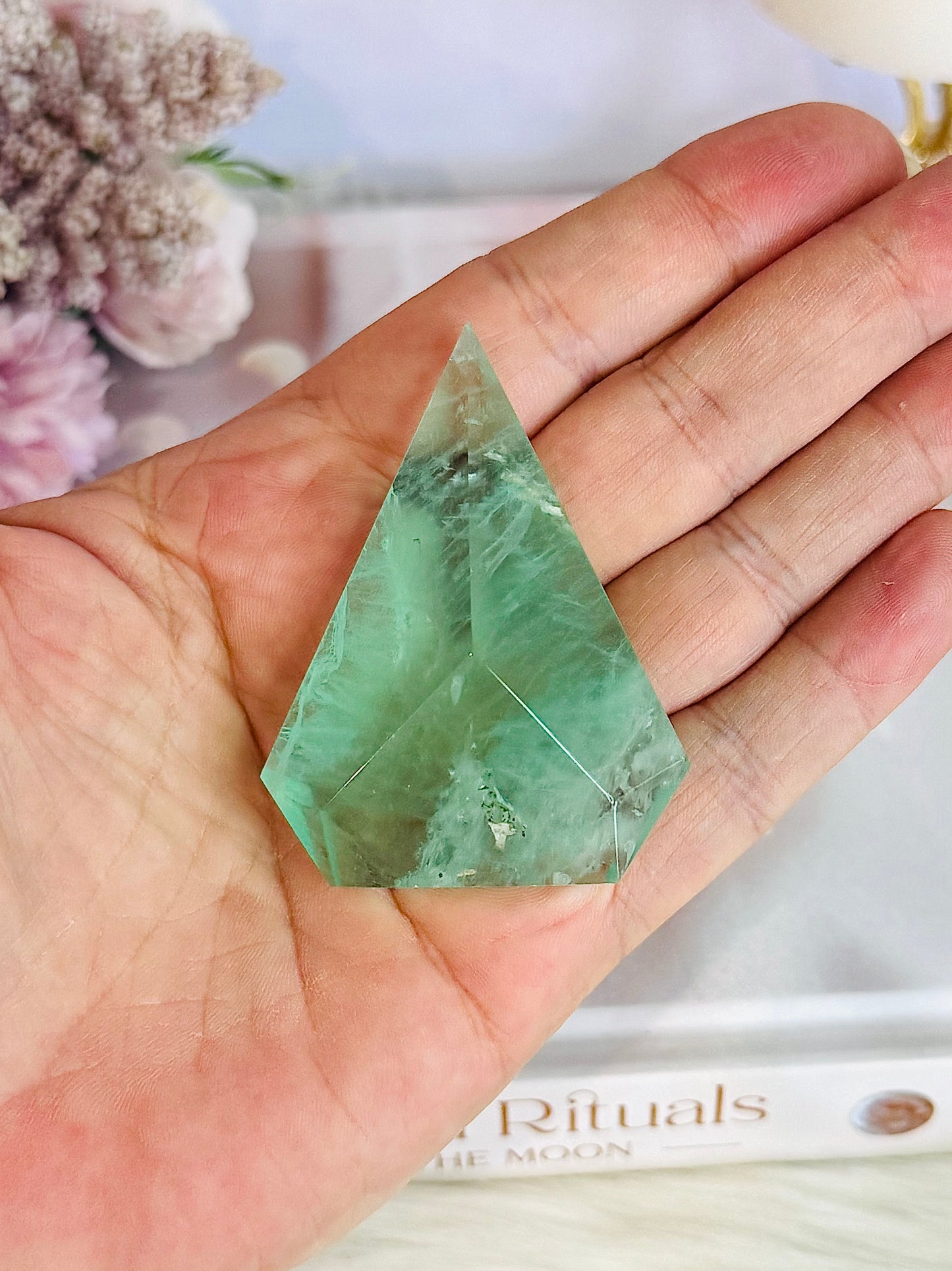 Natural Green Fluorite Faceted Carved Flame 6.5cm