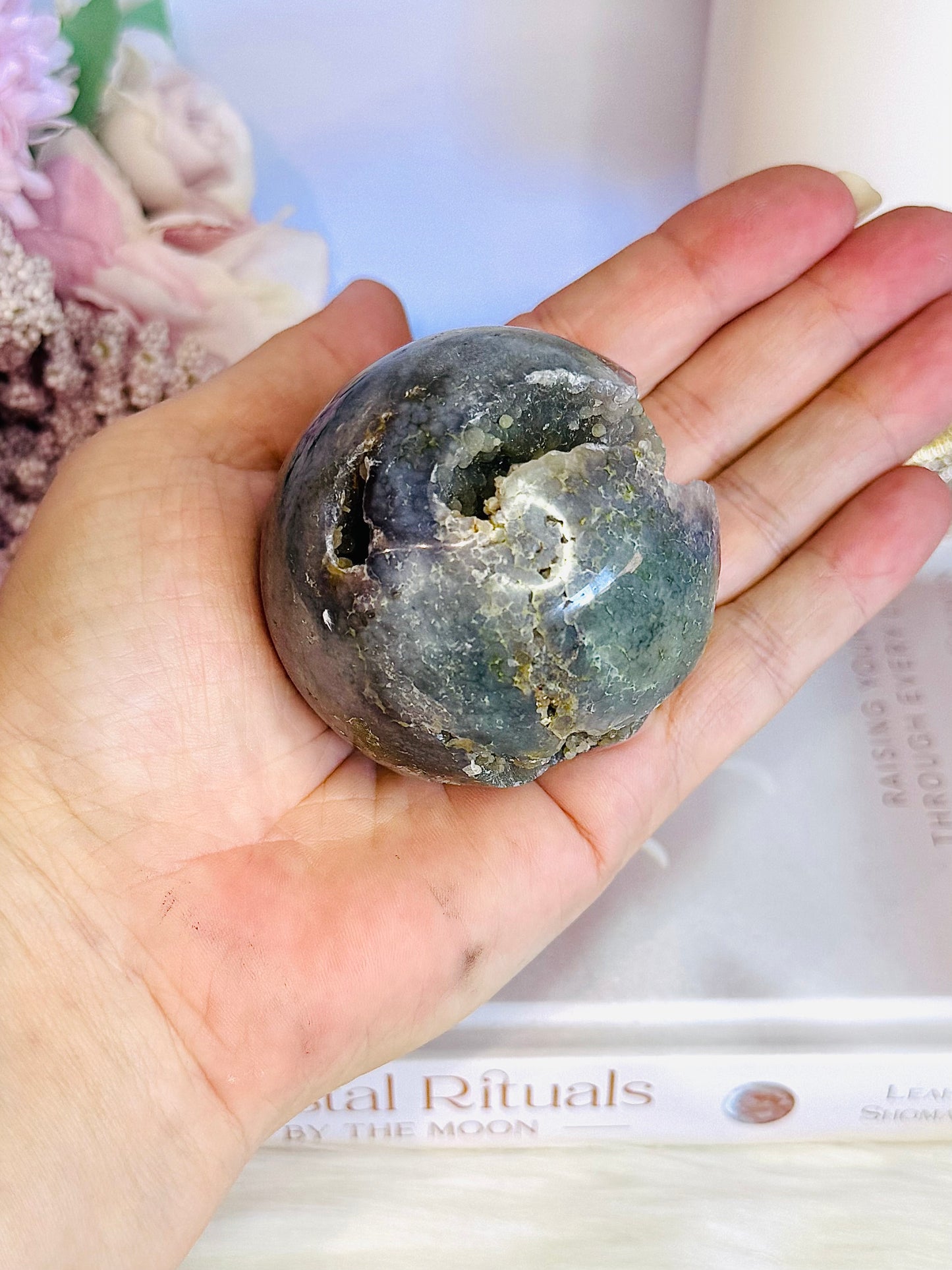 Gorgeous Natural Grape Agate Sphere 227gram On Stand