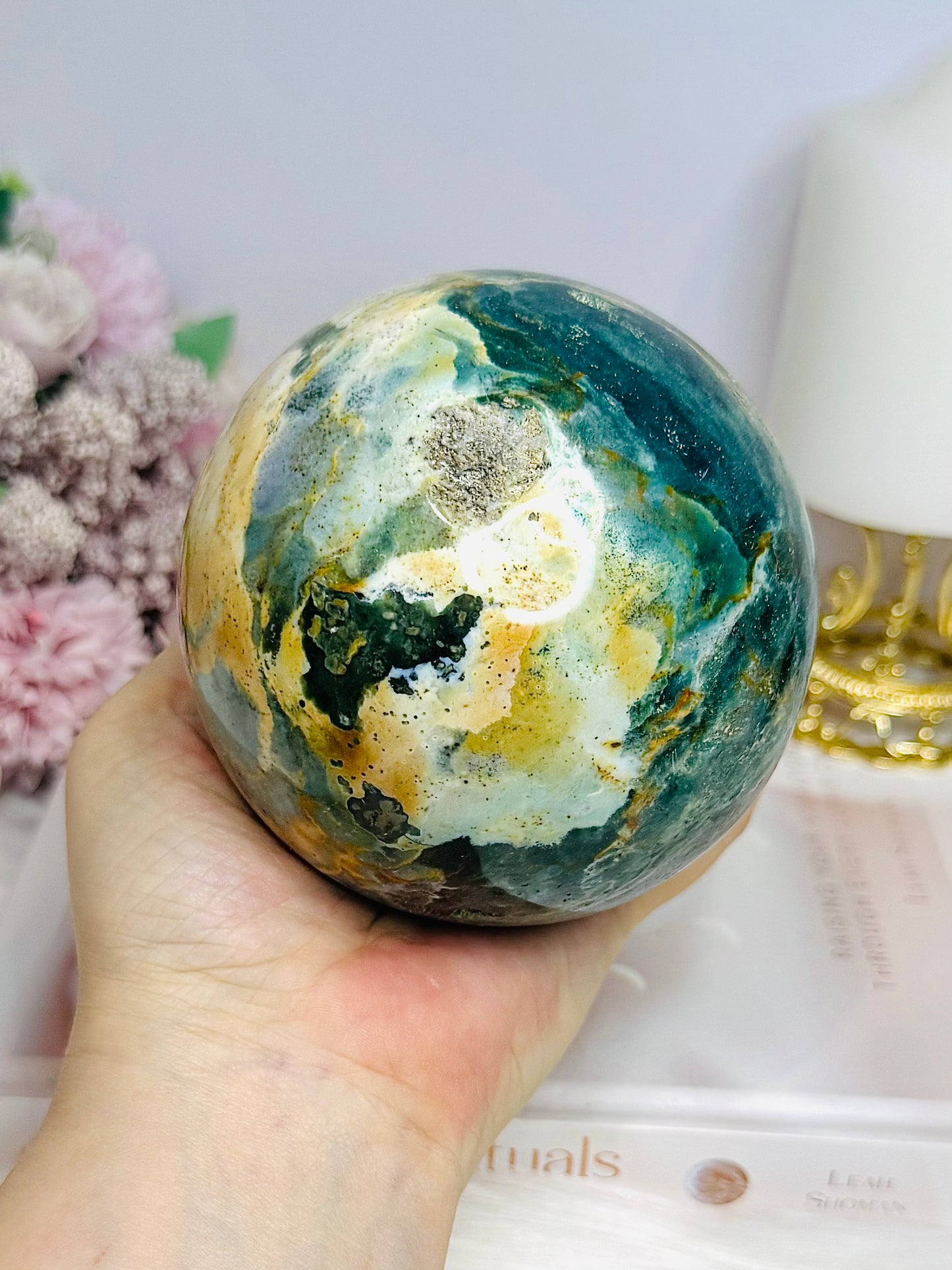 Large Ocean Jasper Sphere On Stand 1.19KG