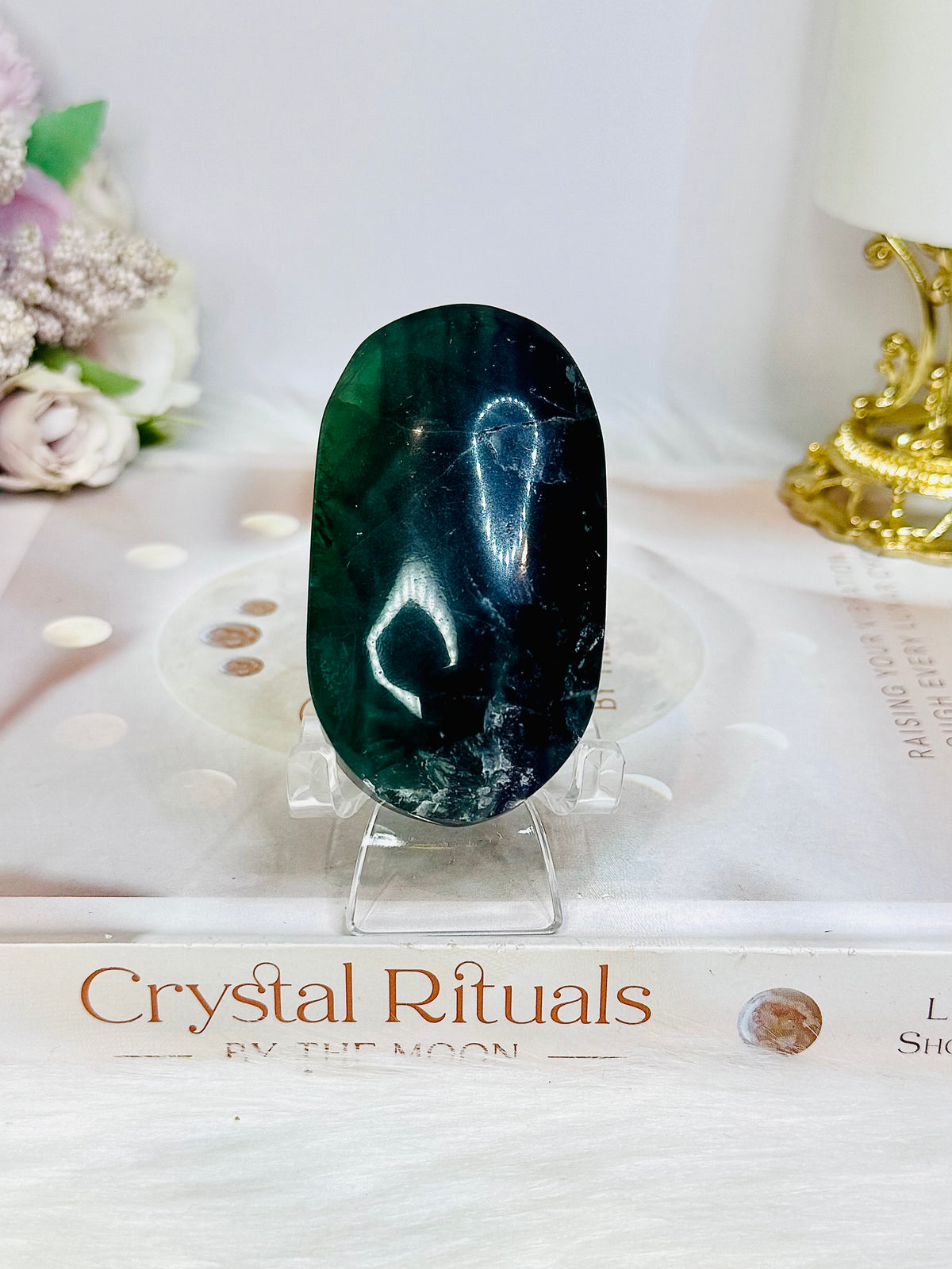 Chunky Fluorite Palm Stone (stand is display only) Reduced as chipped
