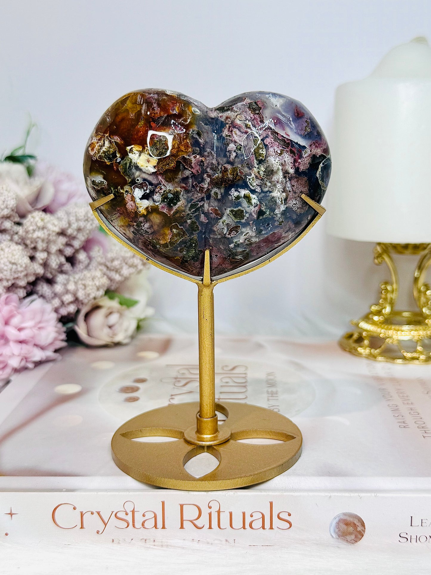 Large High Grade Ocean Jasper Peach Heart on Stand 12cm