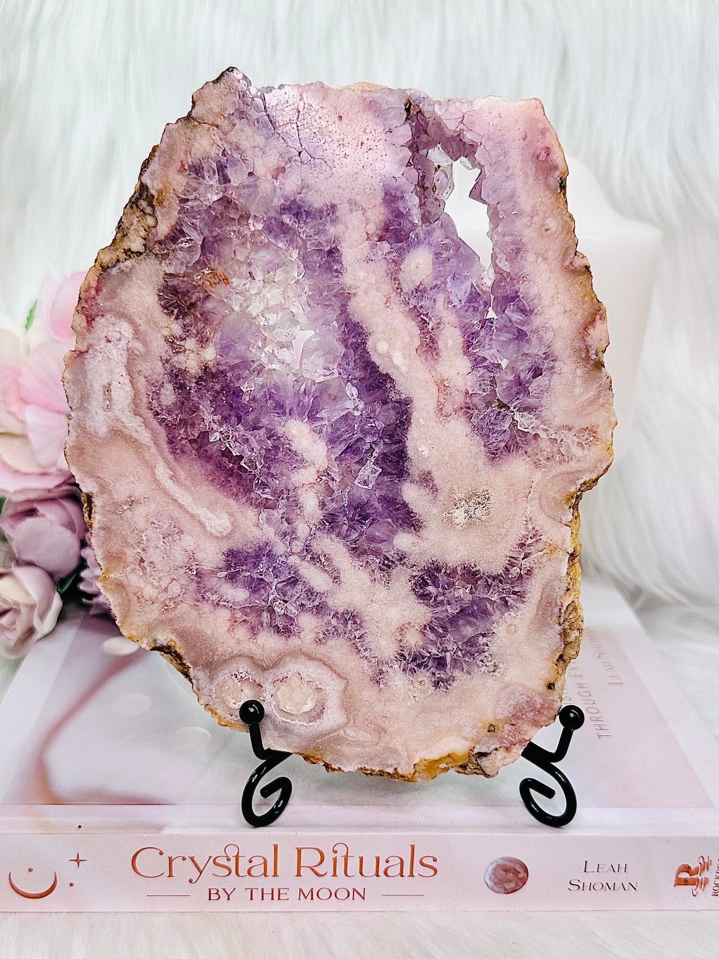 Classy & Fabulous Large 19cm 543gram Stunning Druzy Pink Amethyst Slab ~ Polished Both Sides From Brazil On Stand
