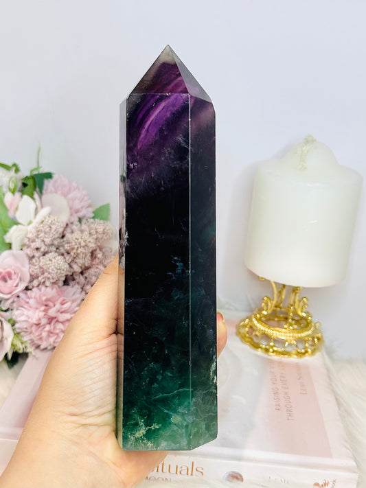 Large Purple & Green Chunky Fluorite Tower with Rainbows 19.5cm 943g