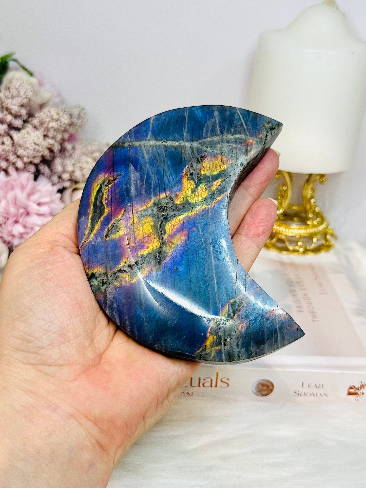 High Grade Large Labradorite Carved Moon Full of Flash 19.5cm