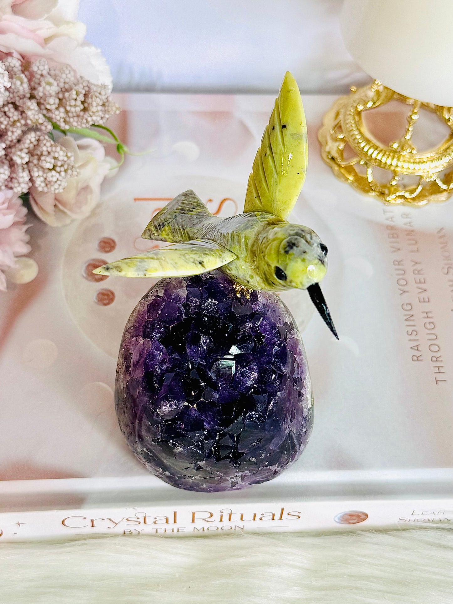 High Grade Deep Purple Amethyst Base Cut Cluster with Jade Carved Hummingbird 13cm