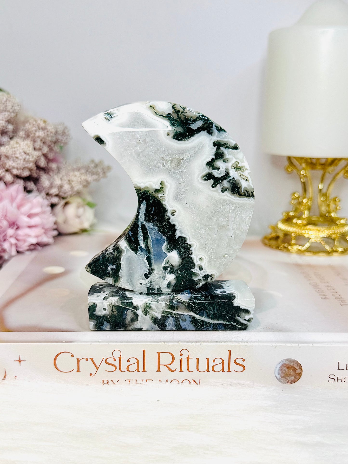 Moss Agate Druzy Moon On Stand 9.5cm 243g