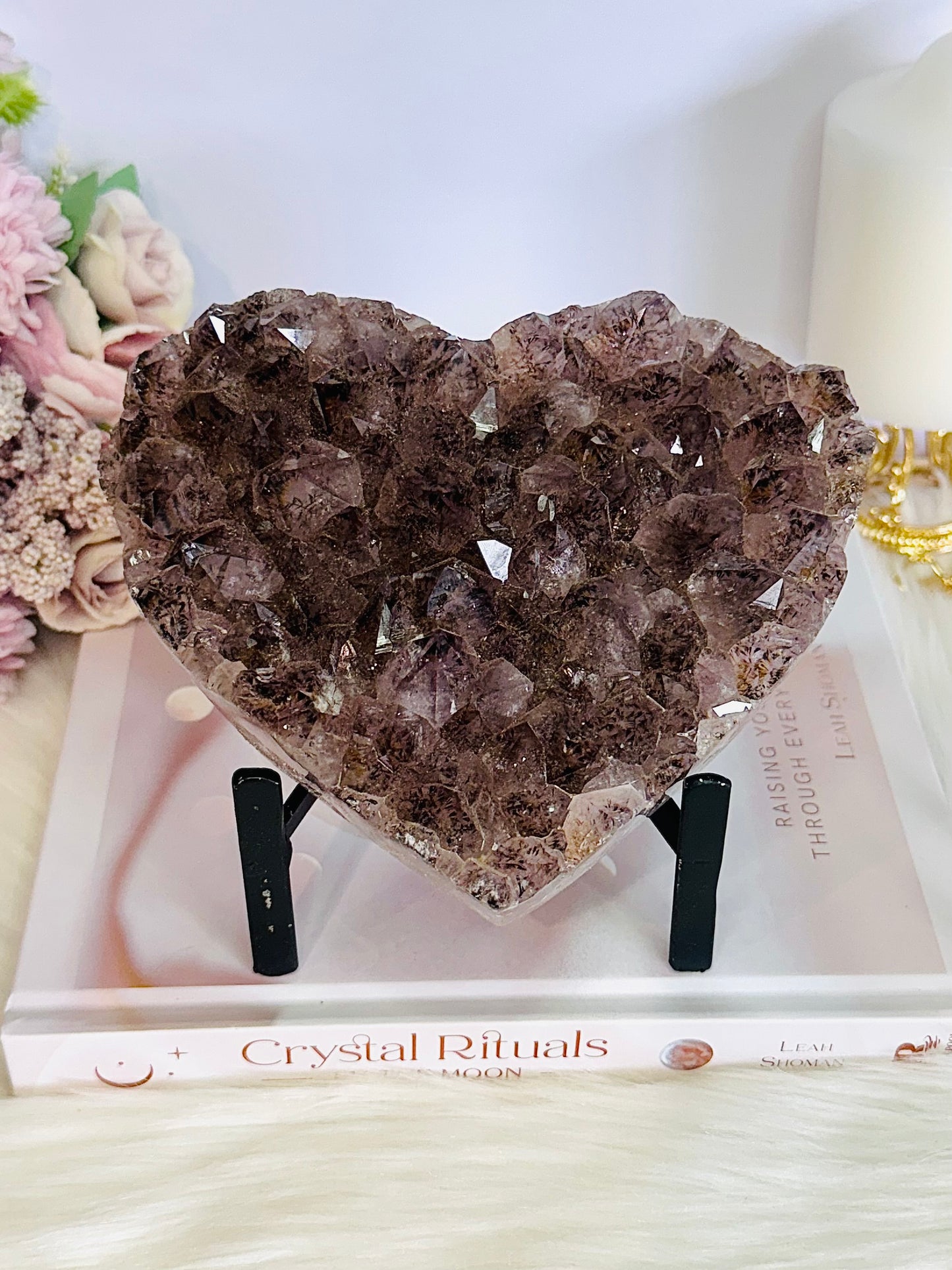 Magnificent 15cm Wide Amethyst Cluster Carved Heart On Custom Stand