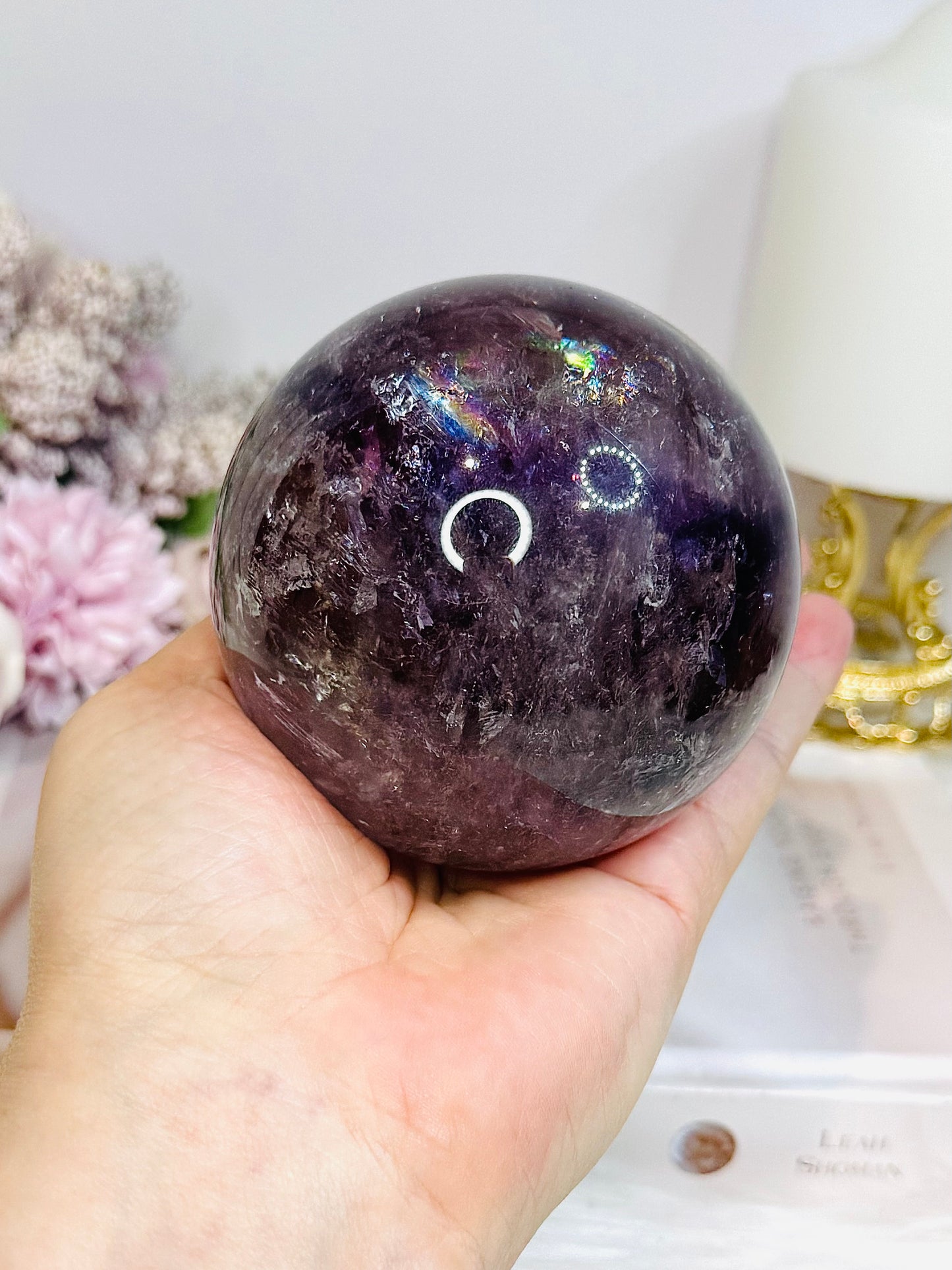 Large High Grade Phantom Amethyst Sphere with Rainbows On Stand 665g