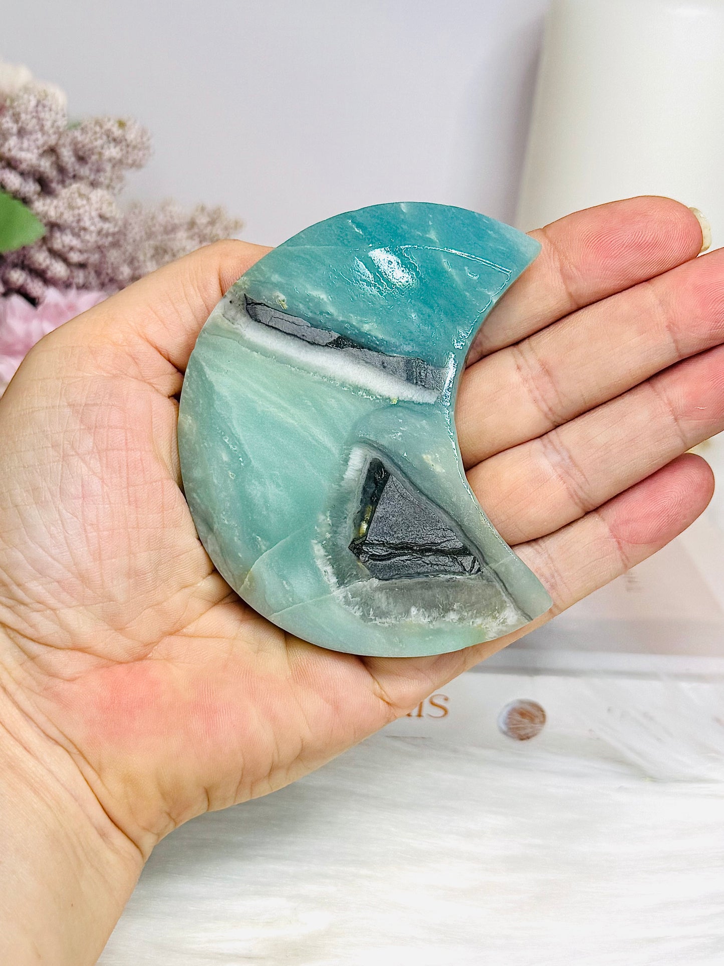 Sky Blue Quartz Carved Moon On Stand 8cm
