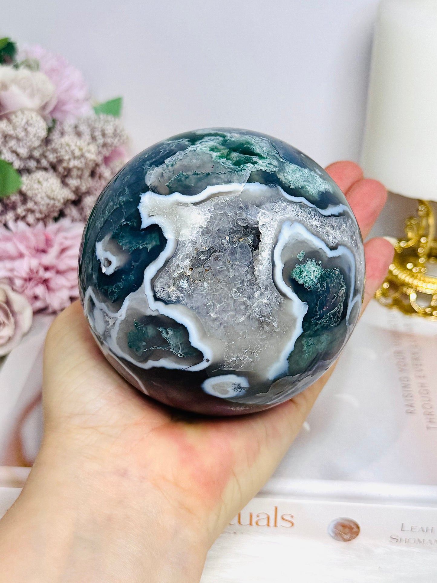 High Grade Druzy Moss Agate Sphere on Stand 1.09KG
