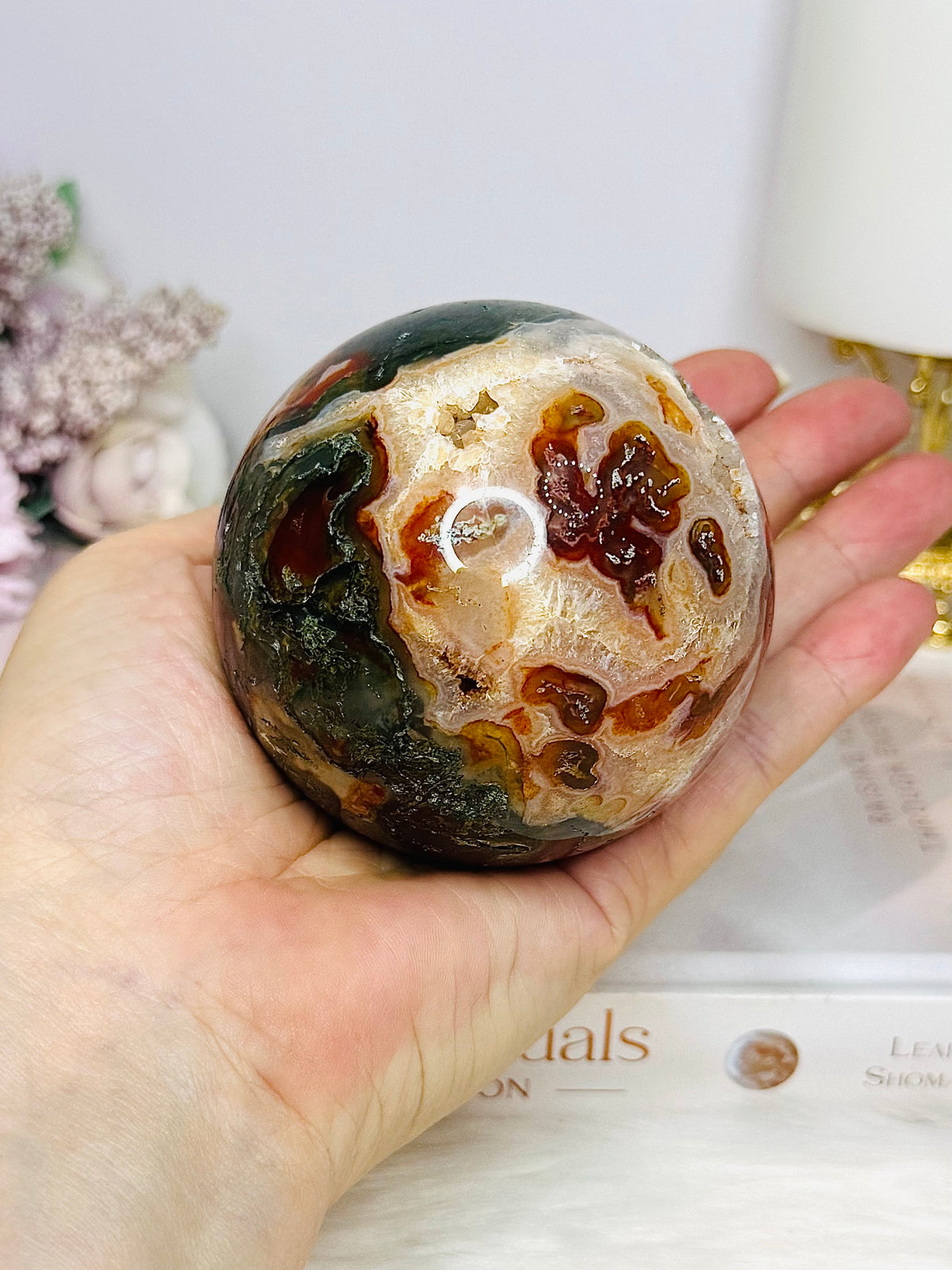 Large Druzy Red Moss Agate Sphere on Stand 510g