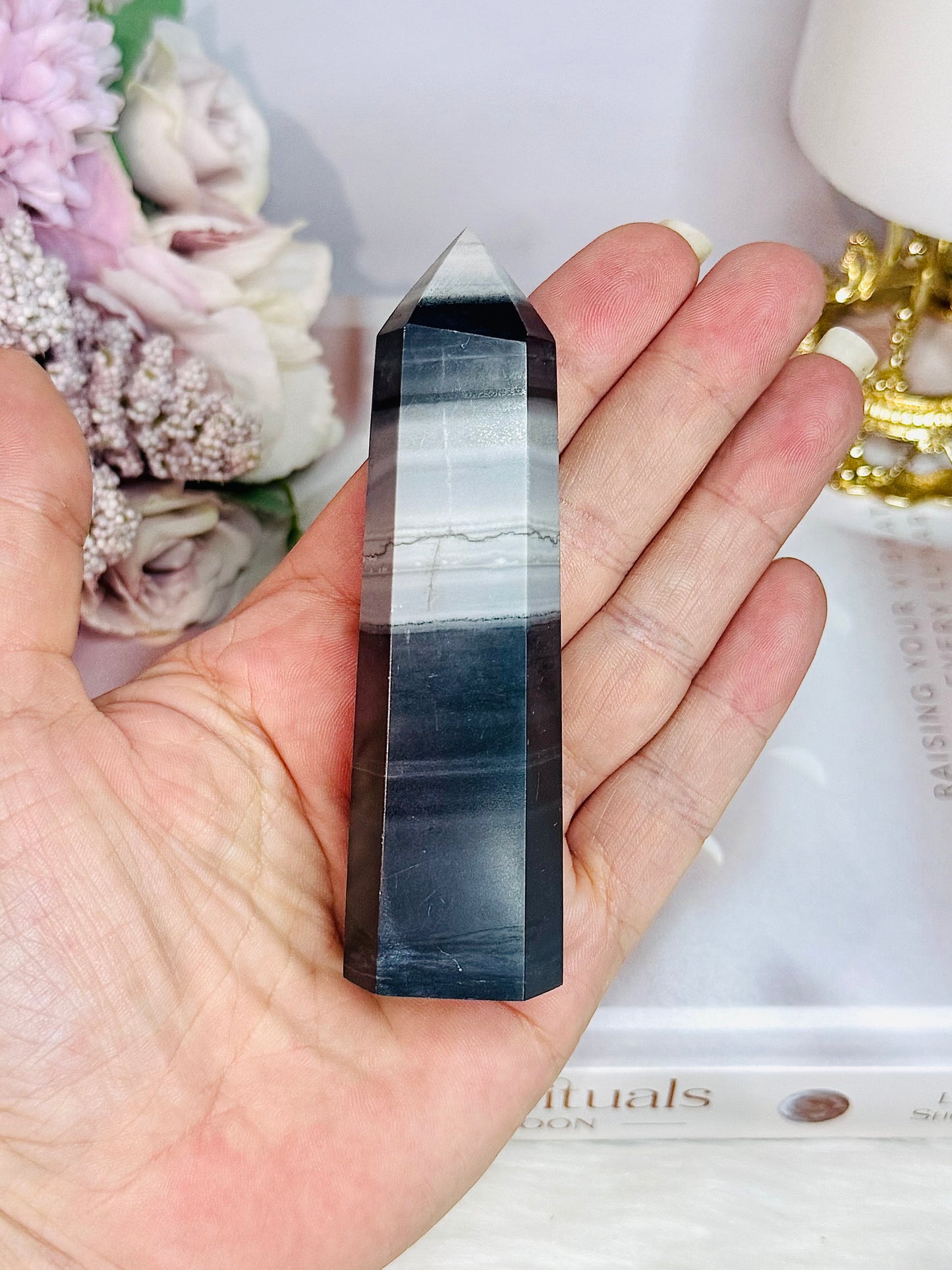 Beautiful Black Jasper & White Quartz Tower 10cm