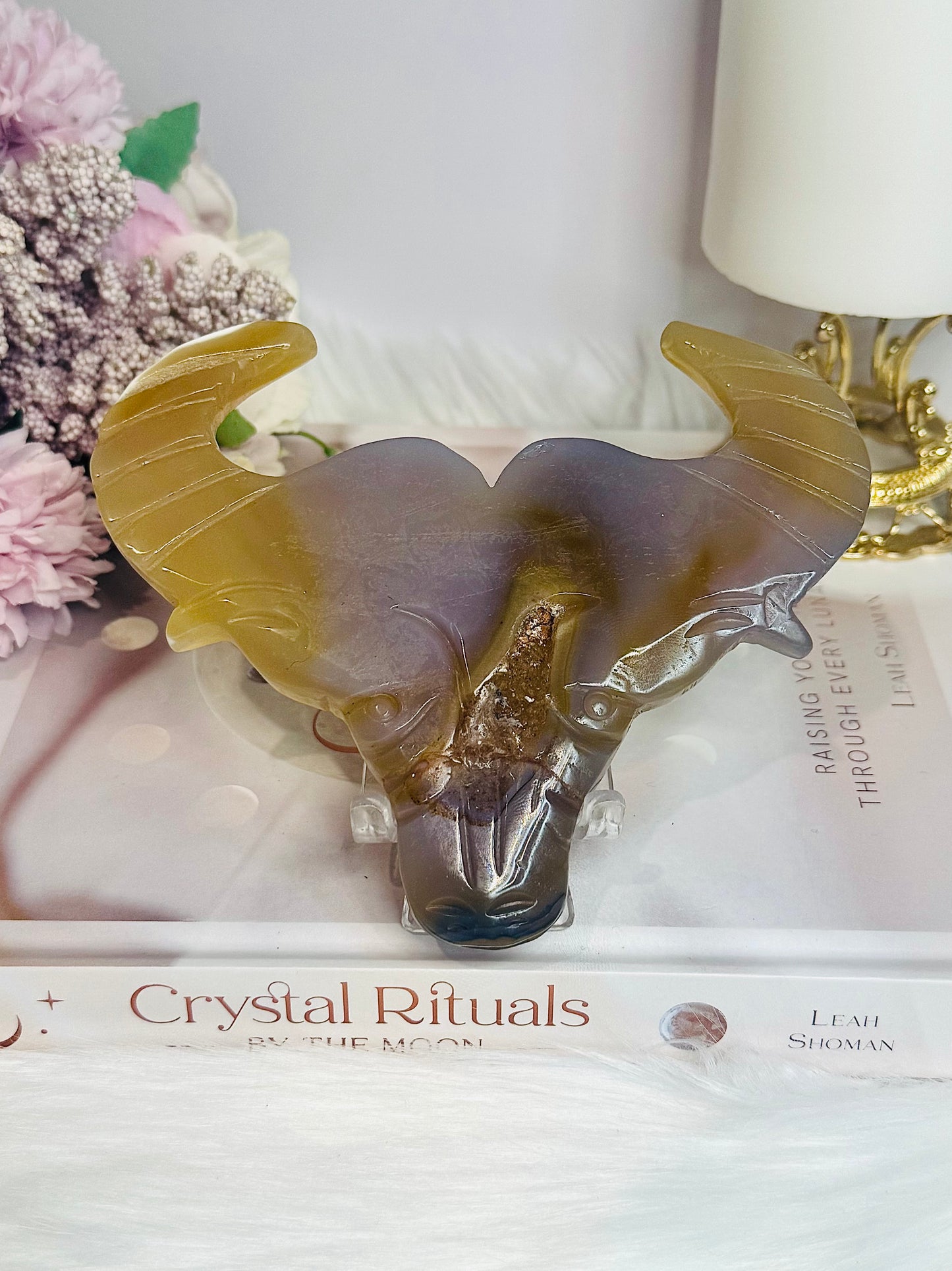 Druzy Agate Carved Bull Head On Stand 13.5cm