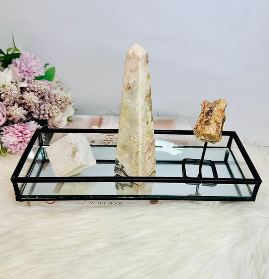 Pink Amethyst Gift Set ~ Black Mirror Tray 26cm, Large Pink Amethyst Obelisk Tower, Pink Amethyst Geode on Stand & Pink Amethyst Druzy Cube