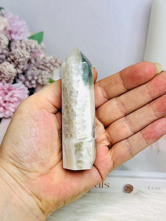 Moss Agate In Quartz Tower 9cm