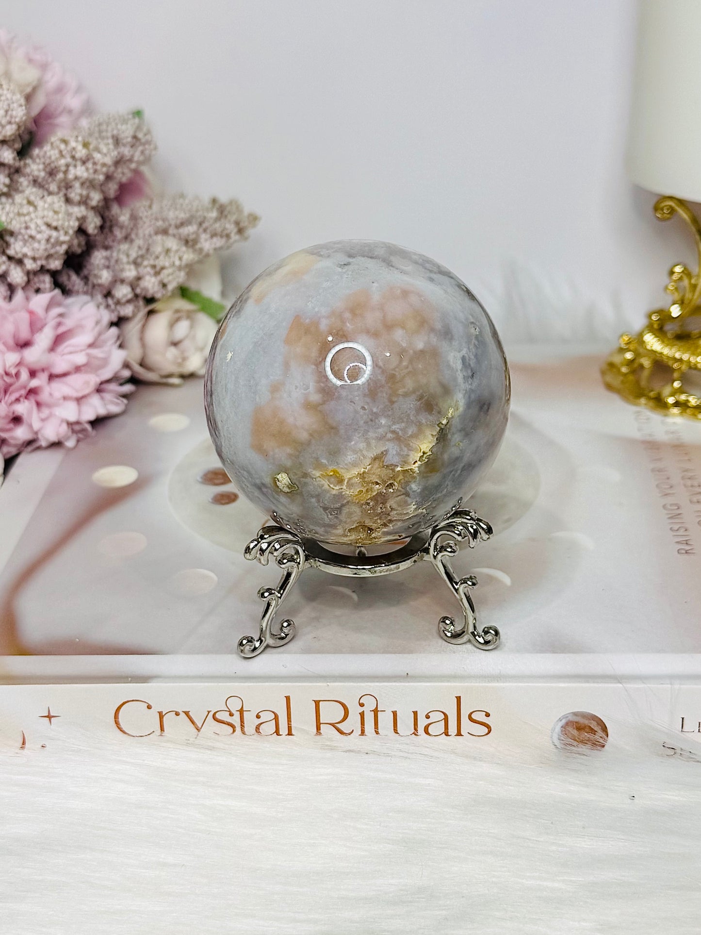 Large Flower Agate Sphere on Stand 319g