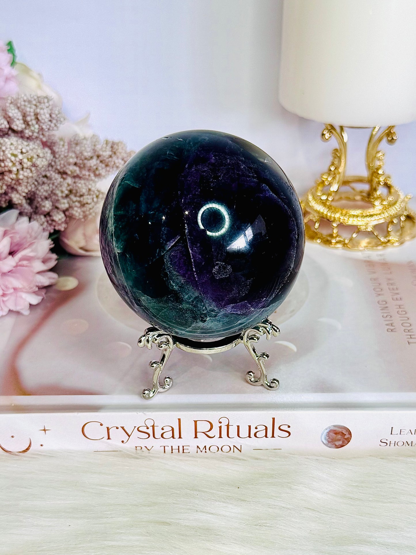 Incredibly Stunning Large 598gram Rainbow Fluorite Sphere On Stand with Amazing Rainbows