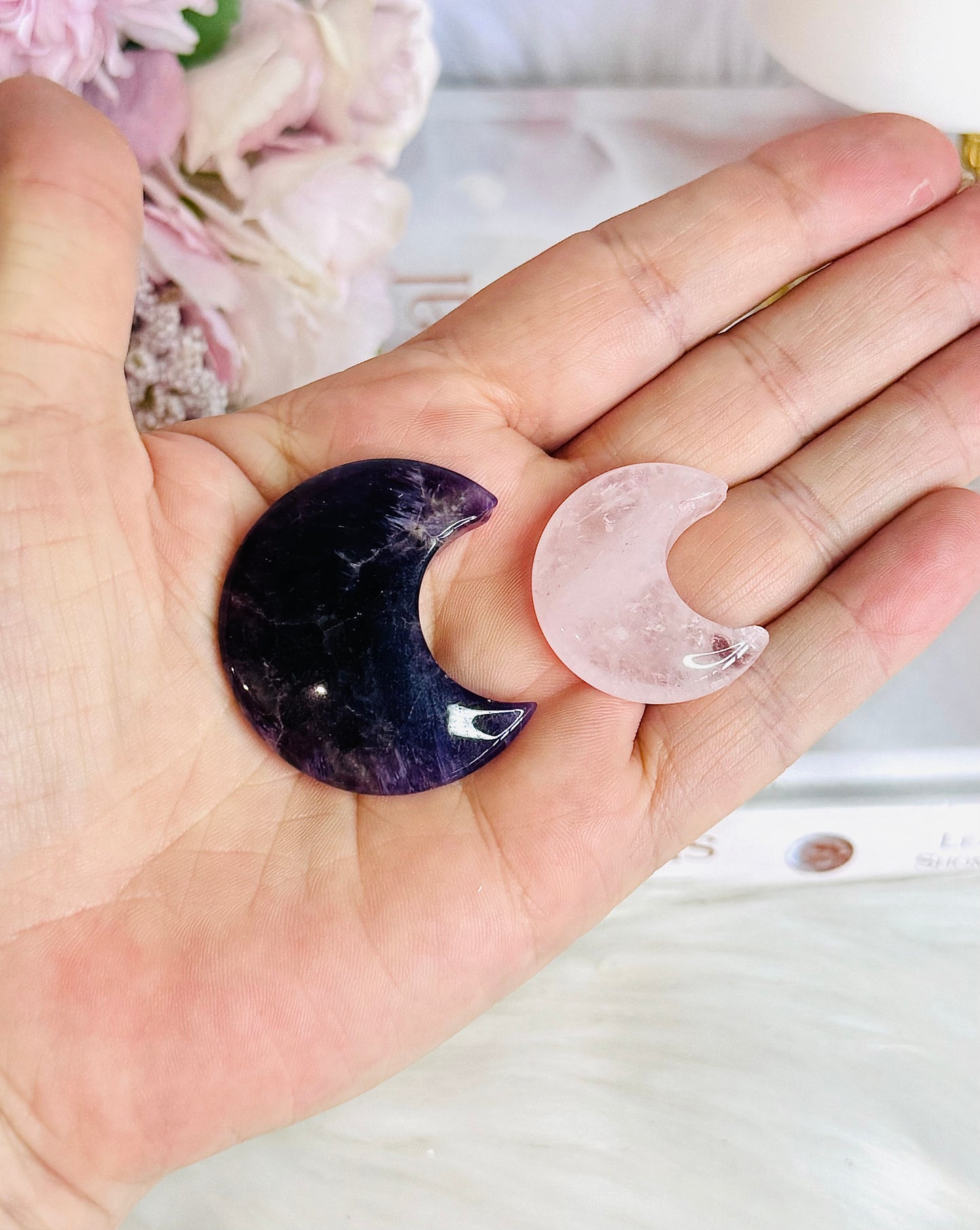 Beautiful Set of 2 Crystal Carved Moons ~ Amethyst & Rose Quartz