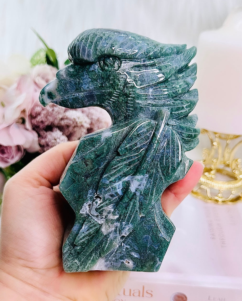 Peace & Tranquility ~ Gorgeous Large 633gram Perfectly Carved Moss Agate Eagle ~ A Divine Piece