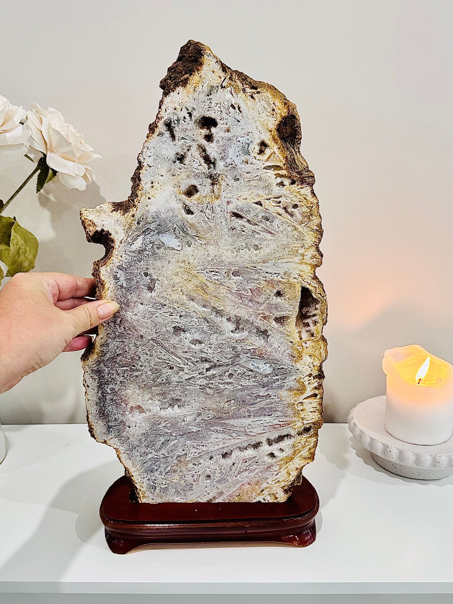 Classy & Fabulous ~ The Most Stunning Huge 46cm 4.5KG Druzy Pink Amethyst Slab | Platter Full of Crystallisation & Rutile Formation Absolutely Stunning (Timber stand is removable)