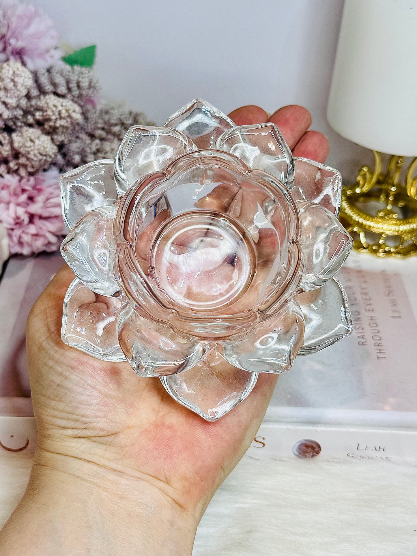 Large Pink Amethyst Sphere on Glass Lotus Stand 780g